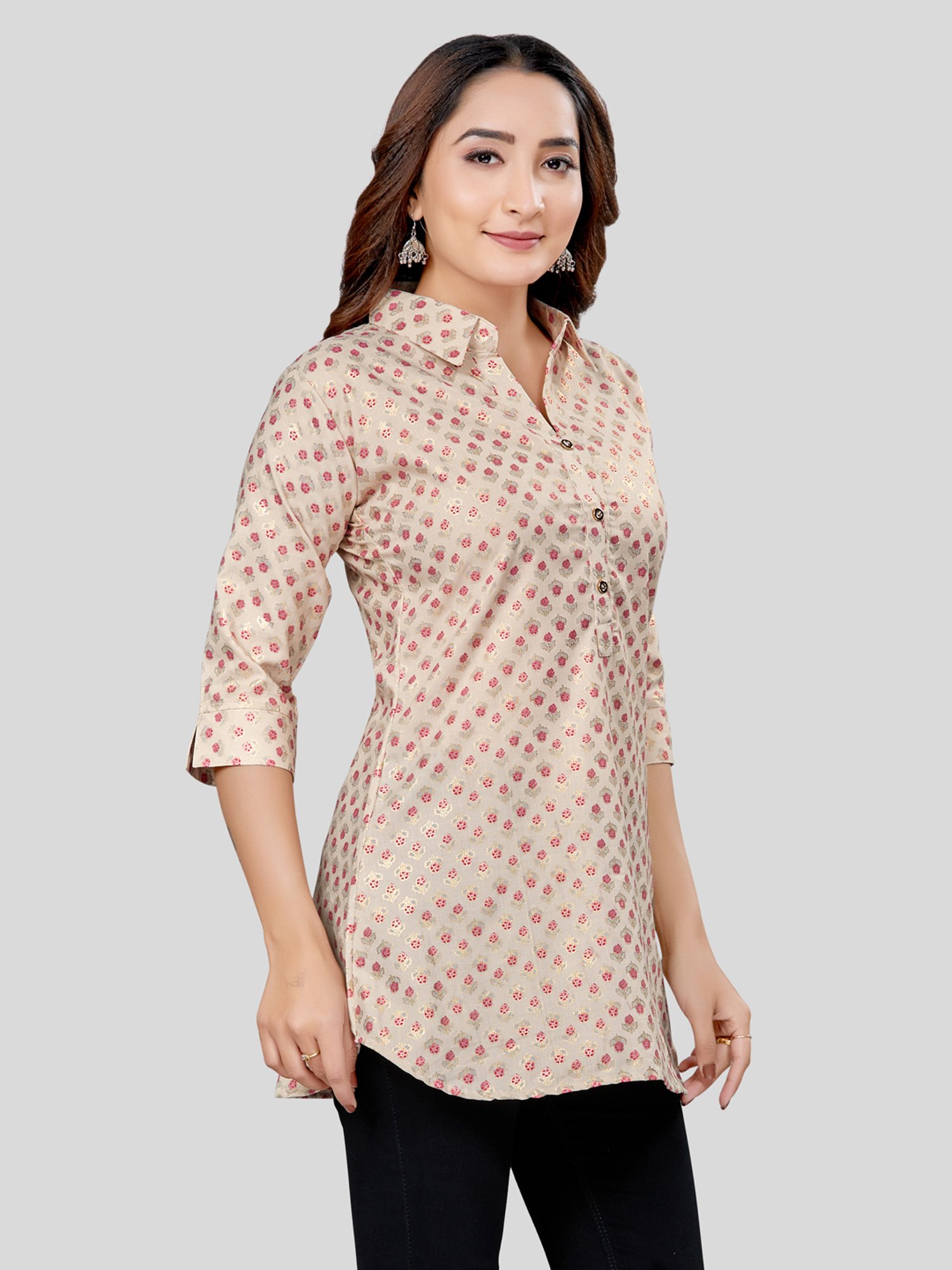 Saree Swarg Beige Printed Short Kurti