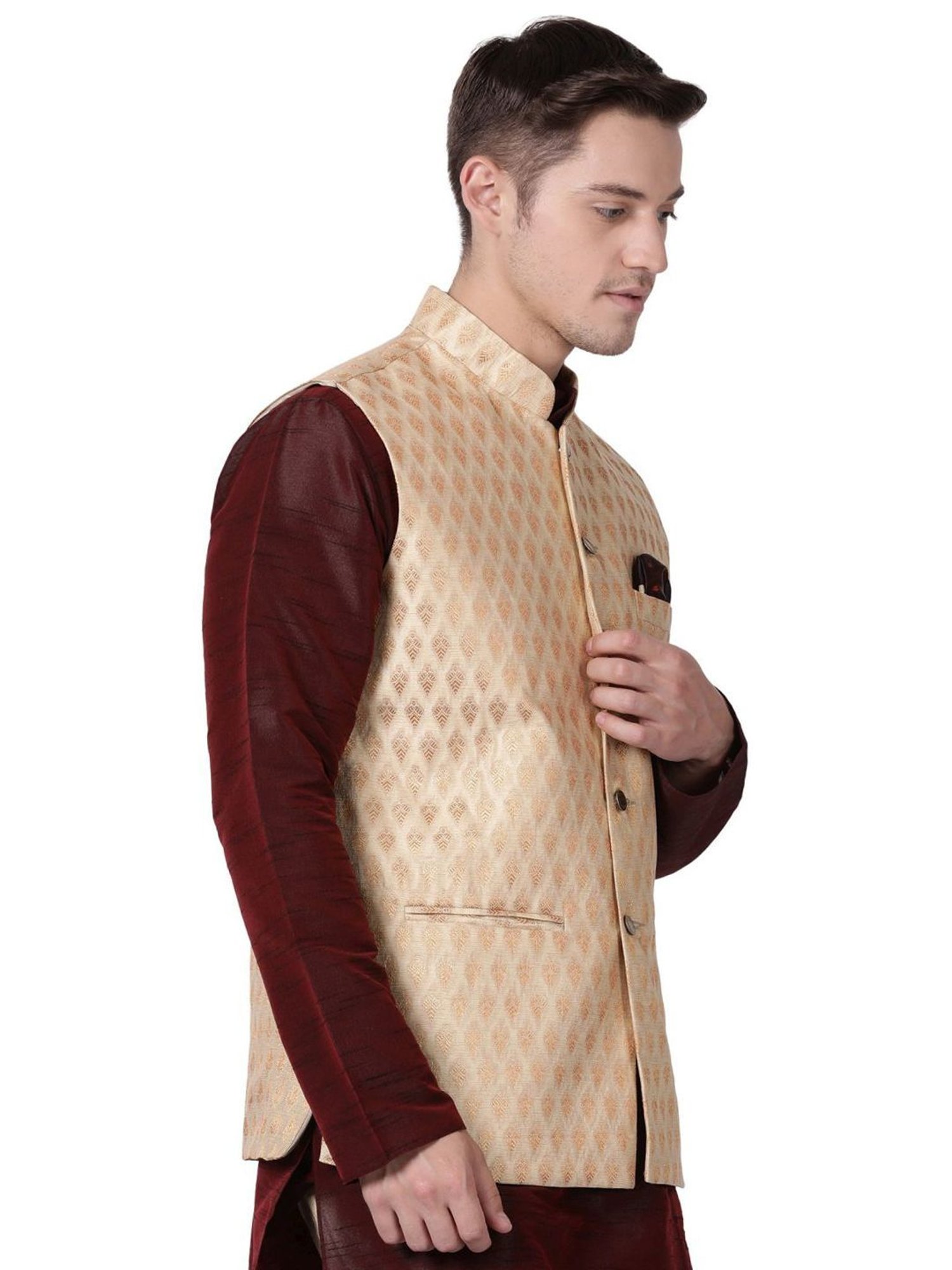TABARD Beige Regular Self Pattern Nehru Jacket