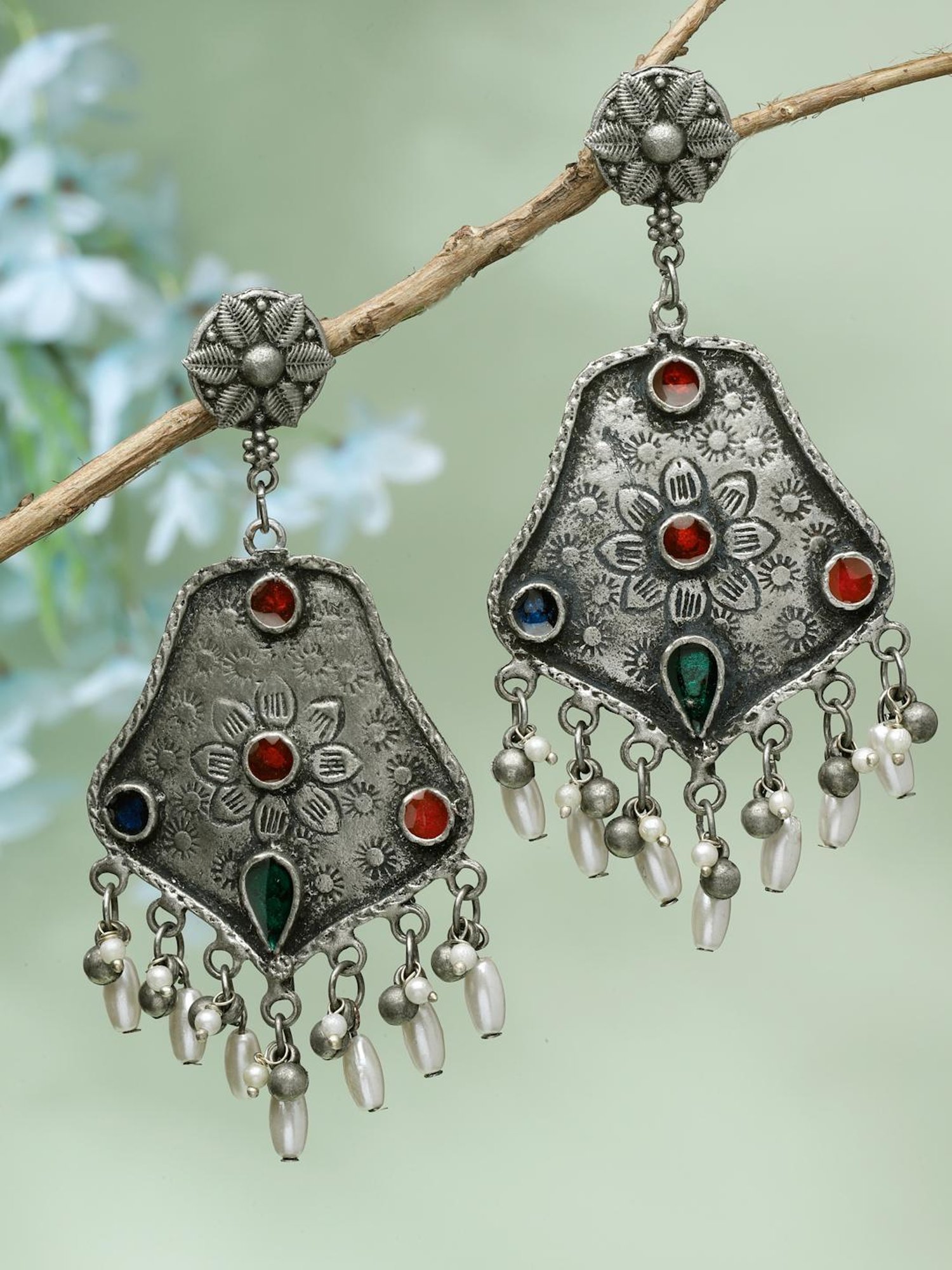 Moedbuille Pearls Meenakari Work Antique Tribal Design Oxidised Silver Plated Earrings