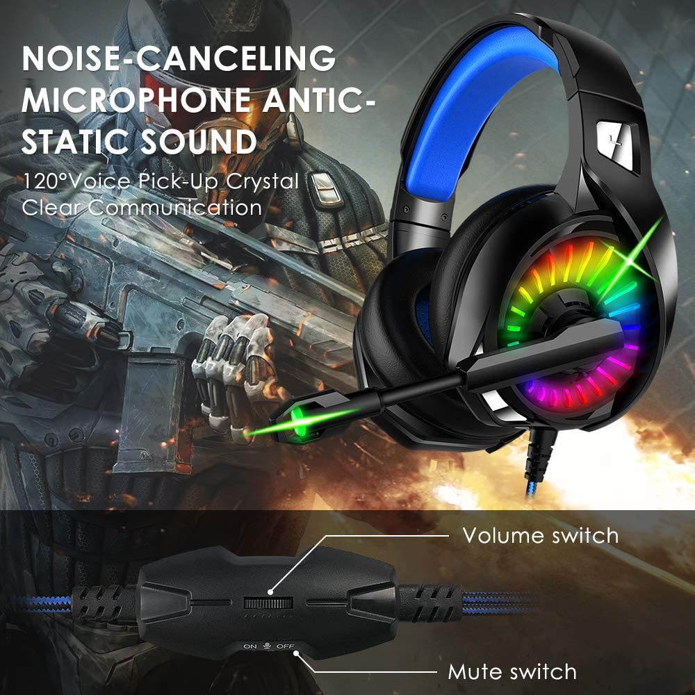 Gaming Headset for PS4, Xbox One, PC Headphones with Microphone LED Light Mic for Nintendo Switch PS5 Playstation Computer, A20 (Black&Blue)
