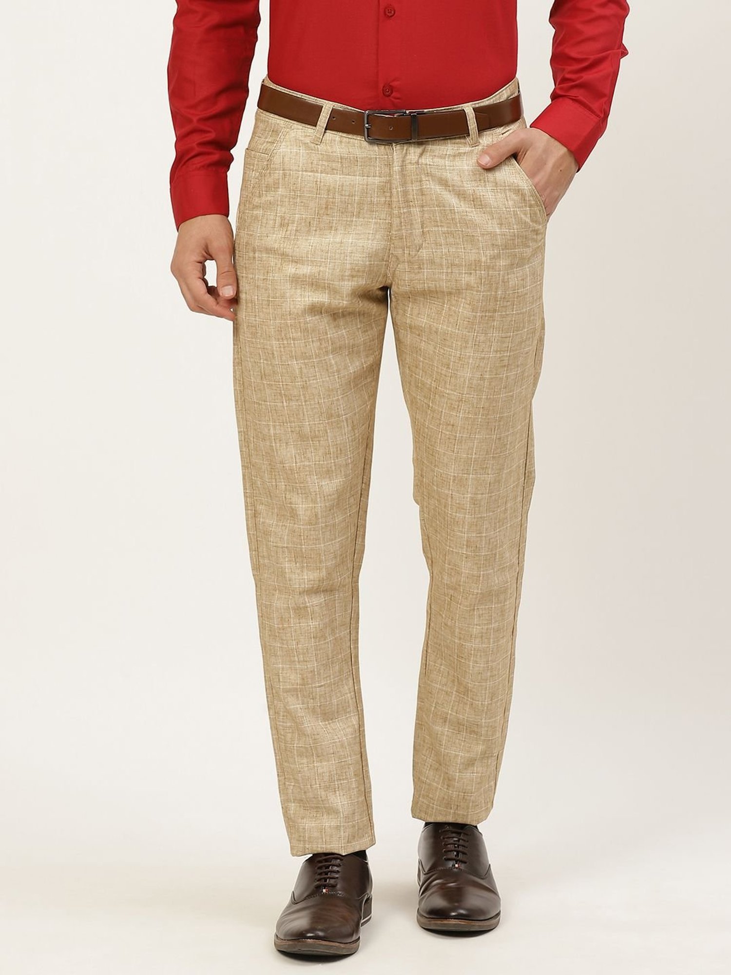 Sojanya Beige Cotton Regular Slim Fit Checks Flat Front Trousers