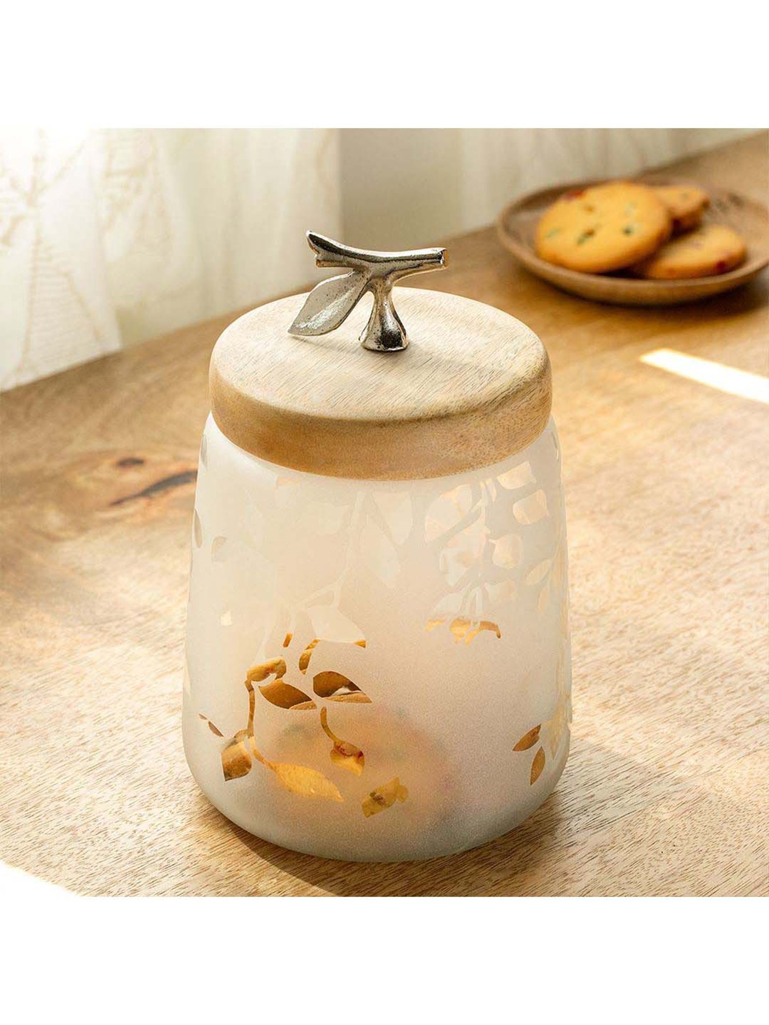 ellementry Twiggy Frosted Transparent Glass Jar with Lid (500 ml) - Set of 1