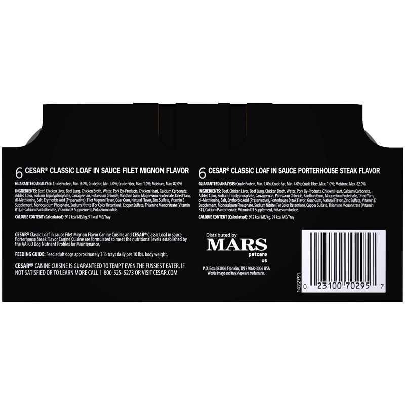 Cesar Classic Loaf in Sauce Wet Dog Food Filet Mignon & Porterhouse Steak Flavors - 3.5oz/12ct Variety Pack