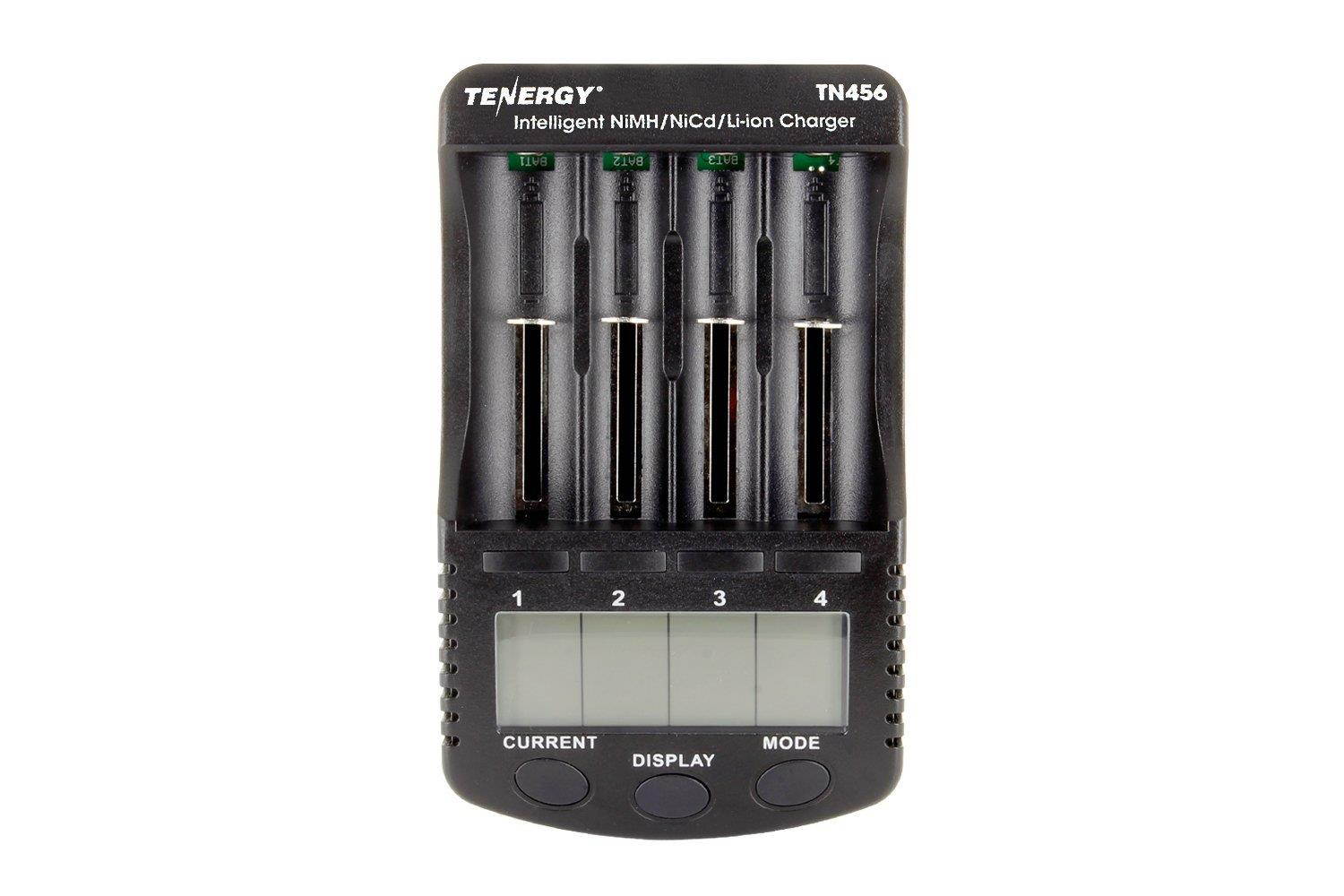 Tenergy TN456 Intelligent Universal Digital Battery Charger for Li-ion NiMH NiCd Rechargeable Batteries - 4 Slots, LCD Screen, USB Output Plug