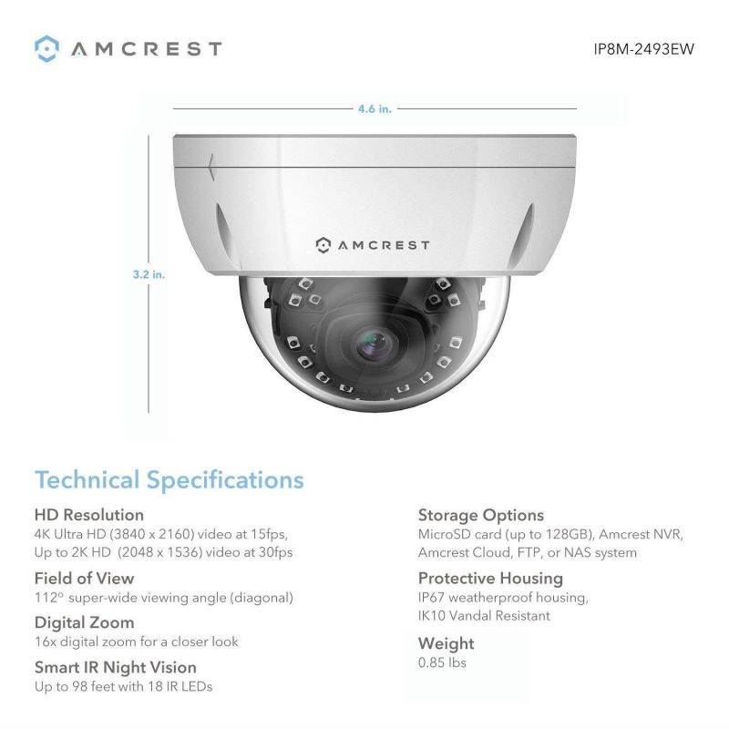 Amcrest 4K 8CH Security Camera System w/ 4K (8MP) NVR, (4) x 4K (8-Megapixel) IP67 Weatherproof Metal Dome POE IP Cameras (3840x2160),Pre-Installed 4TB Hard Drive (White)