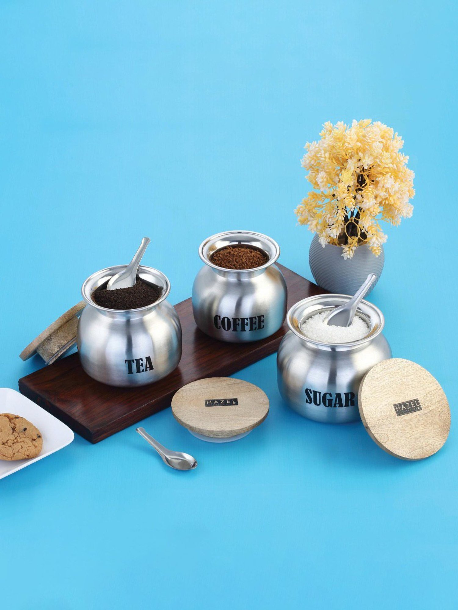 HAZEL Silver Stainless Steel Tea coffee sugar containers - Set of 3