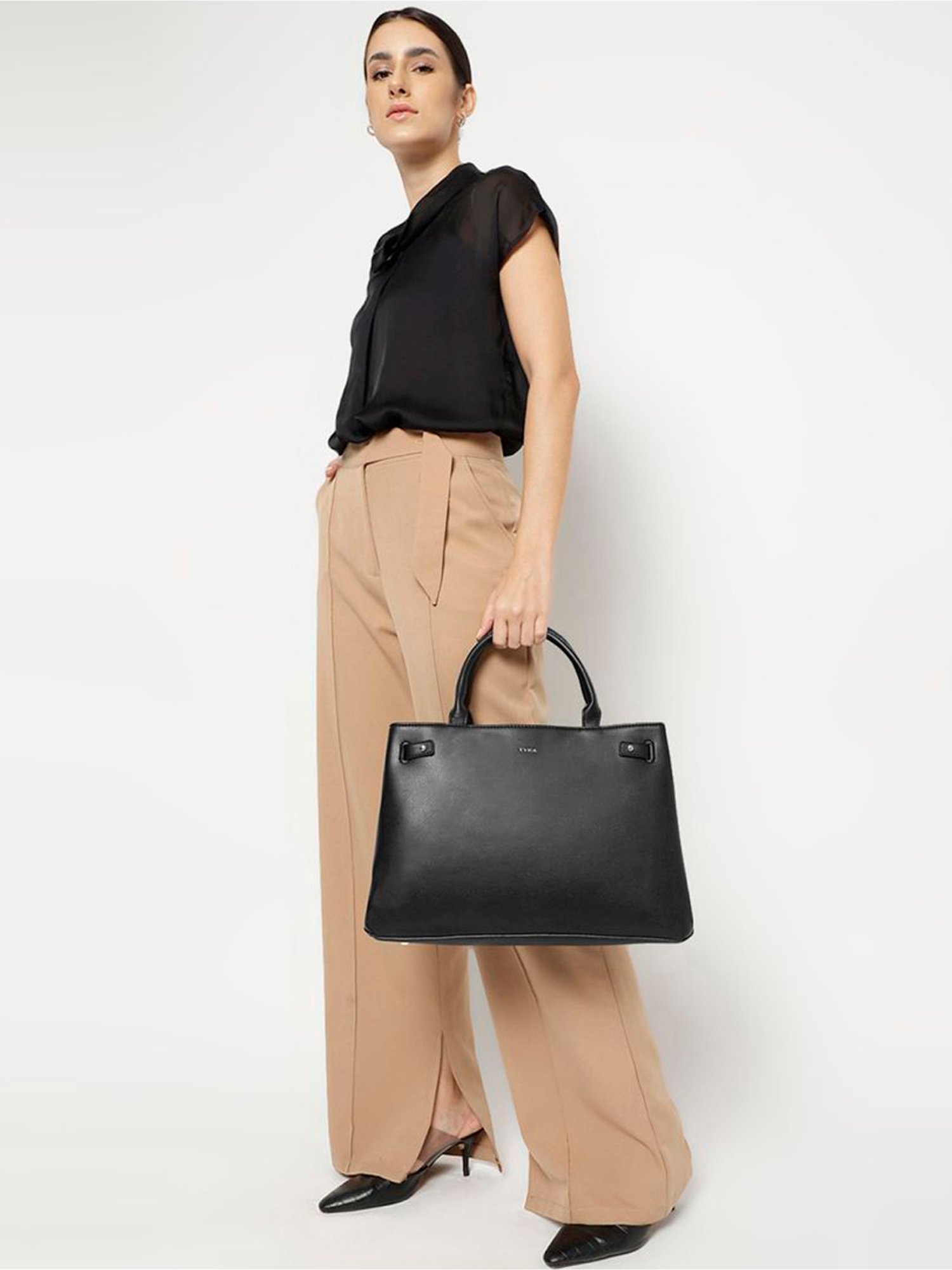 Tyra Ruby Black Solid Faux Leather Tote Handbag