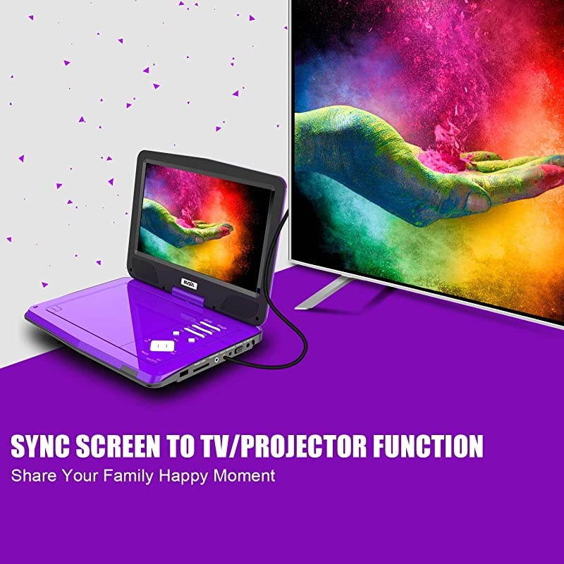 Portable DVD Player 12.5" with HD Swivel Screen,Long Lasting Battery, Support USB/SD Card/Sync TV and Multiple Disc Formats, with Car Charger &Power Adaptor & Car Headrest Mount Case, Purple