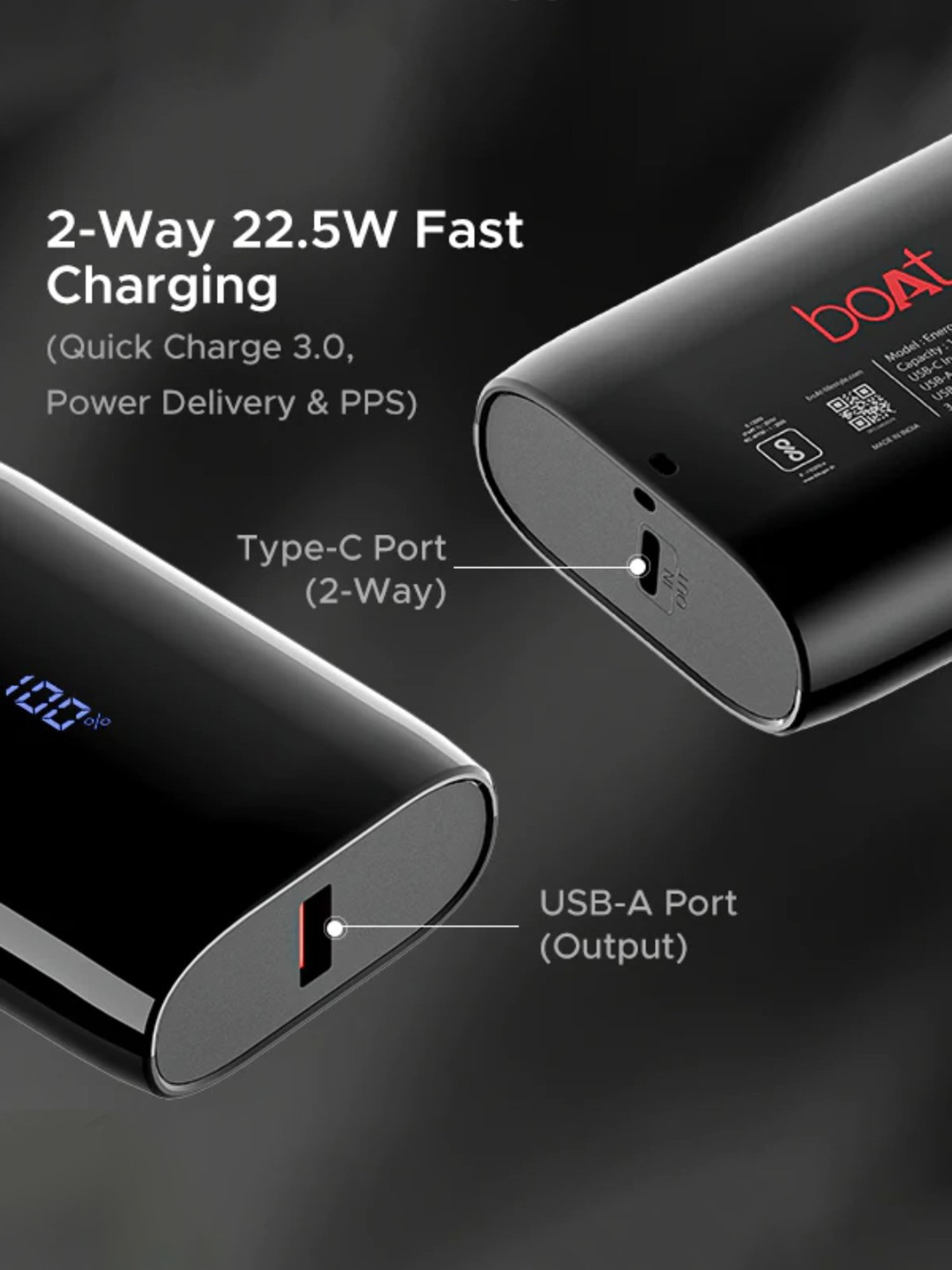 Boat EnergyShroom PB300 Air 10000mAh Powerbank With 2-Way 22.5W Fast Charging (Black)