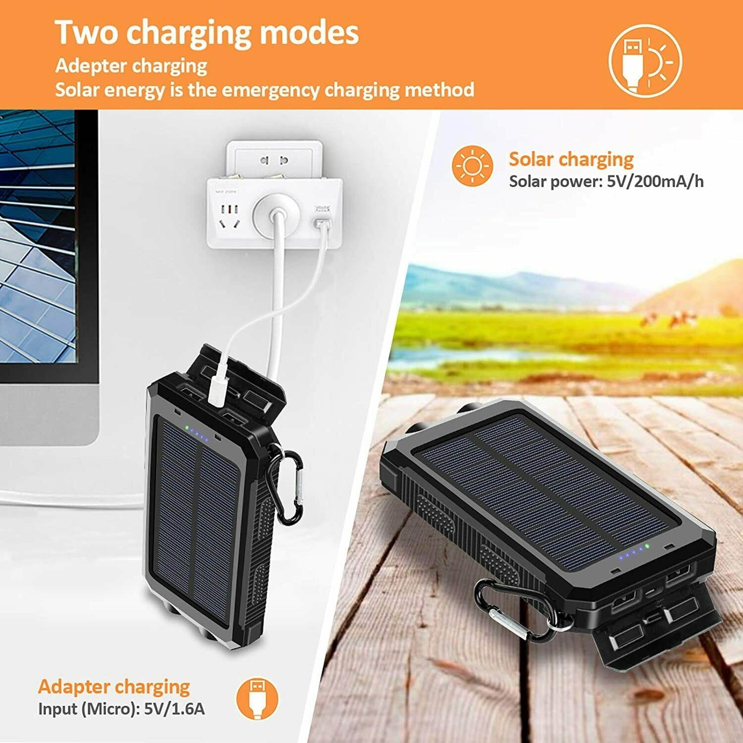 2021 Waterproof Solar Power Bank 900000mAh Portable External Battery Charger US