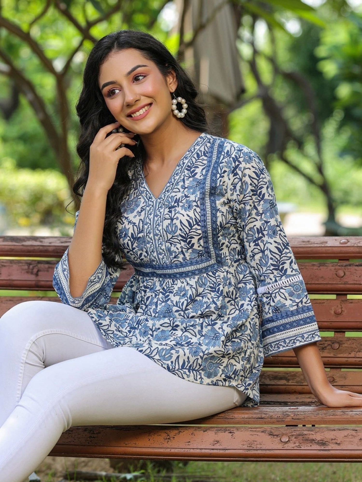 Rain and Rainbow Blue Cotton Floral Print Top