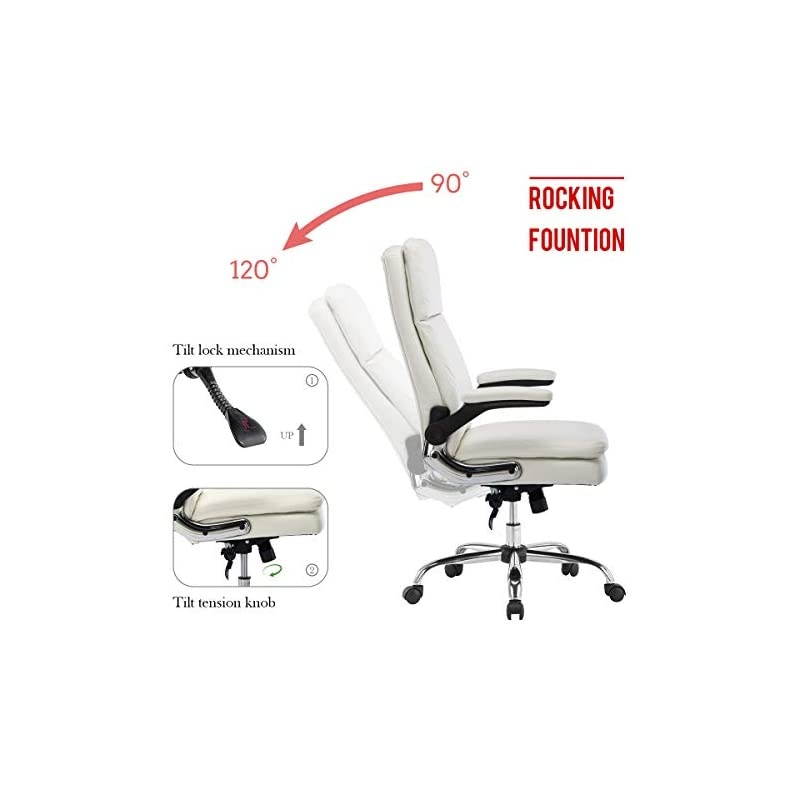 High Back Bonded Leather Executive Office Chair, Adjustable Recline Locking Flip-up Arms Computer Desk Chair, Thick Padding and Ergonomic Design for Lumbar Support (White)
