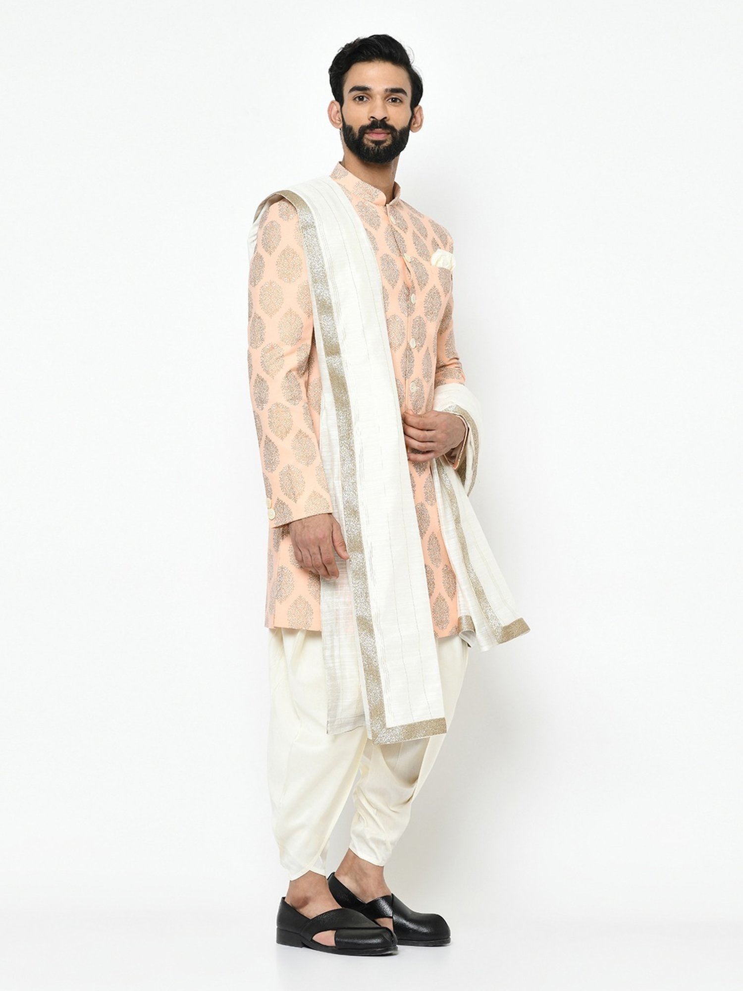 KISAH Peach & White Cotton Regular Fit Printed Sherwani Set
