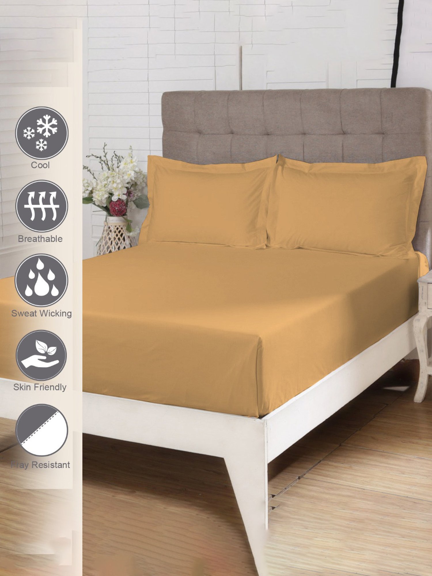 Pizuna Yellow 400 TC Cotton Double Bed Sheet with 2 Pillow Covers