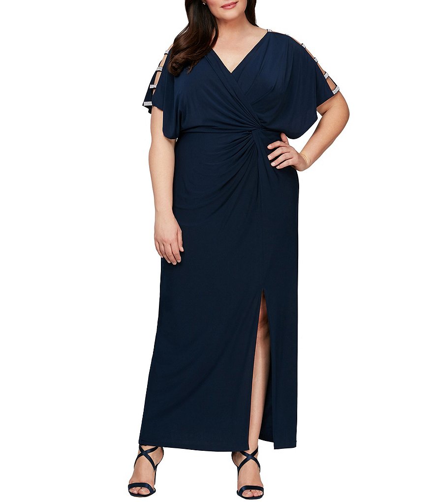 Alex Evenings Plus Size V-Neck Embellished Short Sleeve Knot Front Stretch Matte Jersey Gown