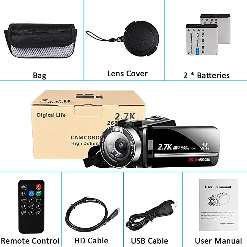 27K Video Camera Camcorder Vlogging Camera WiFi IR Night Vision 1080P Camcorder with 16X Zoom 2 Rechargeable Batteries 30FPS 24MP 30 Inch Touch Screen Easy Operation with Remote