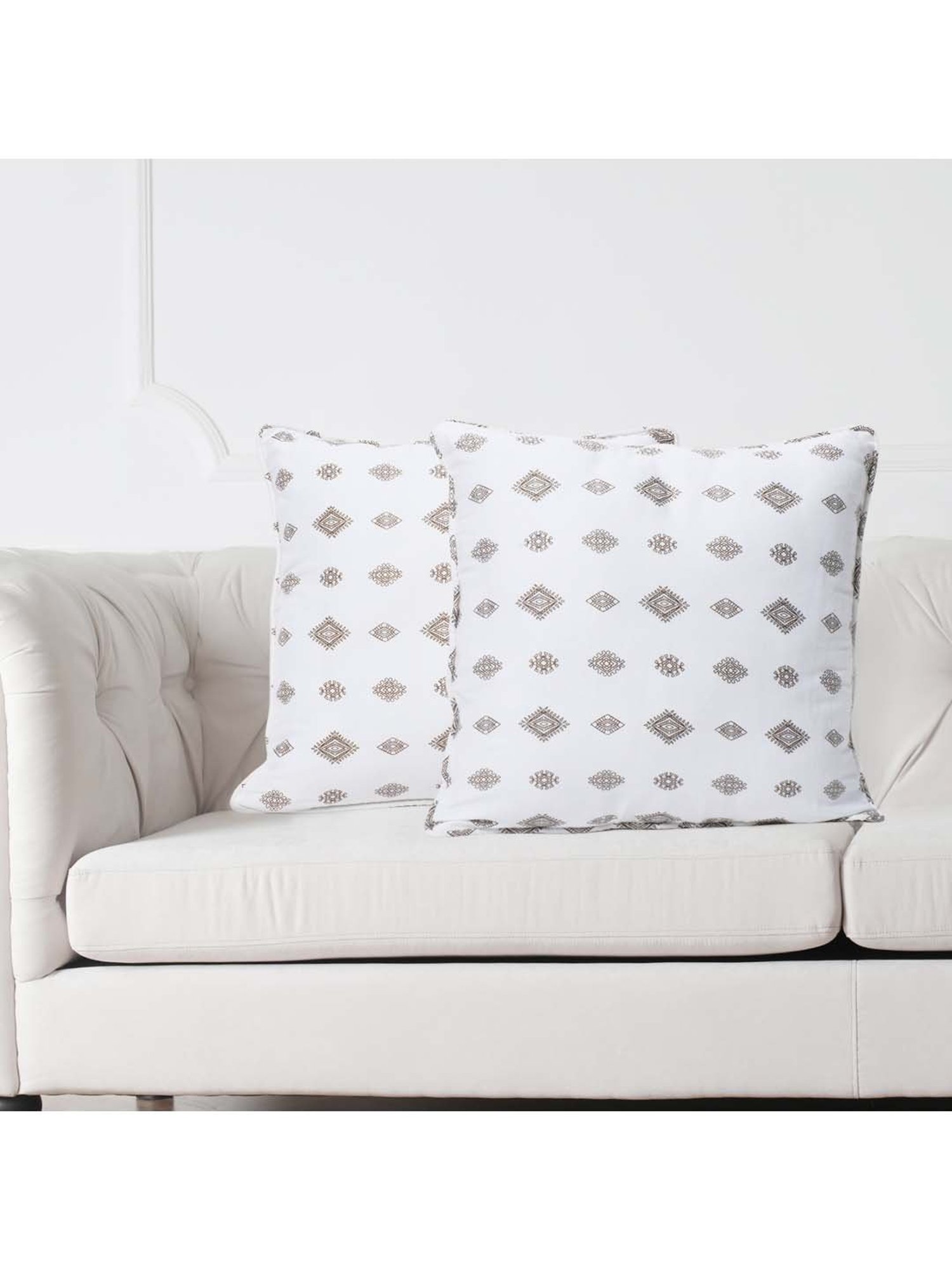 Swayam White & Brown Cotton 240 TC Cushion Covers - Set of 2