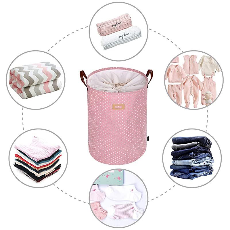 22-Inches Freestanding Laundry Basket with Lid, Collapsible Extra Large Drawstring Clothes Hamper Storage with Handle (Pink, XL)