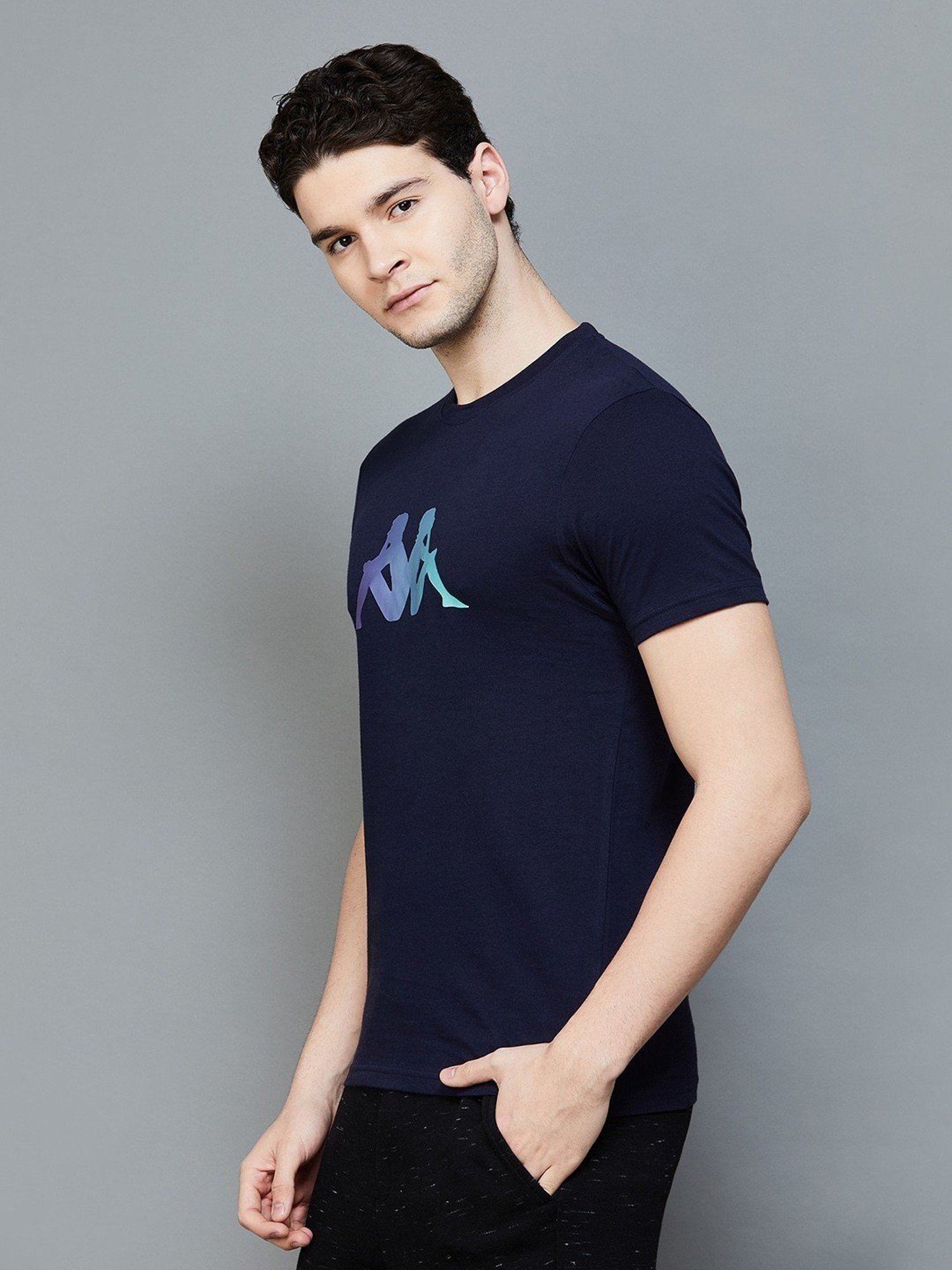 KAPPA Navy Cotton Regular Fit Printed T-Shirt