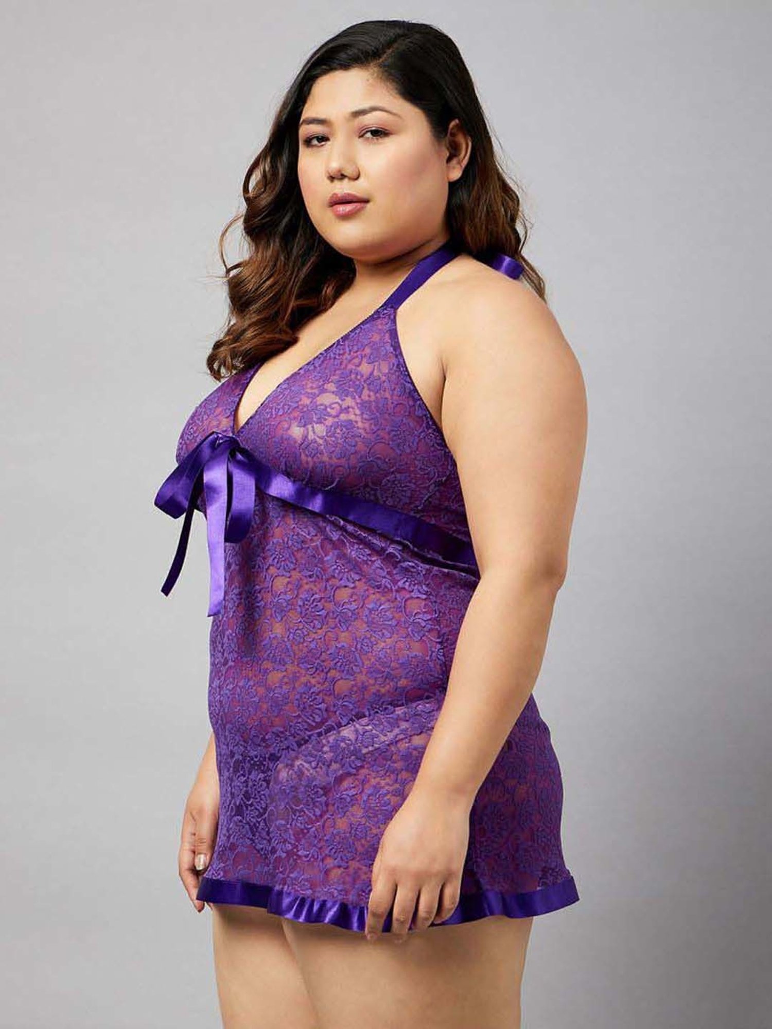 Secrets By ZeroKaata Purple & Navy Lace Work Babydoll with Panty - Pack Of 2