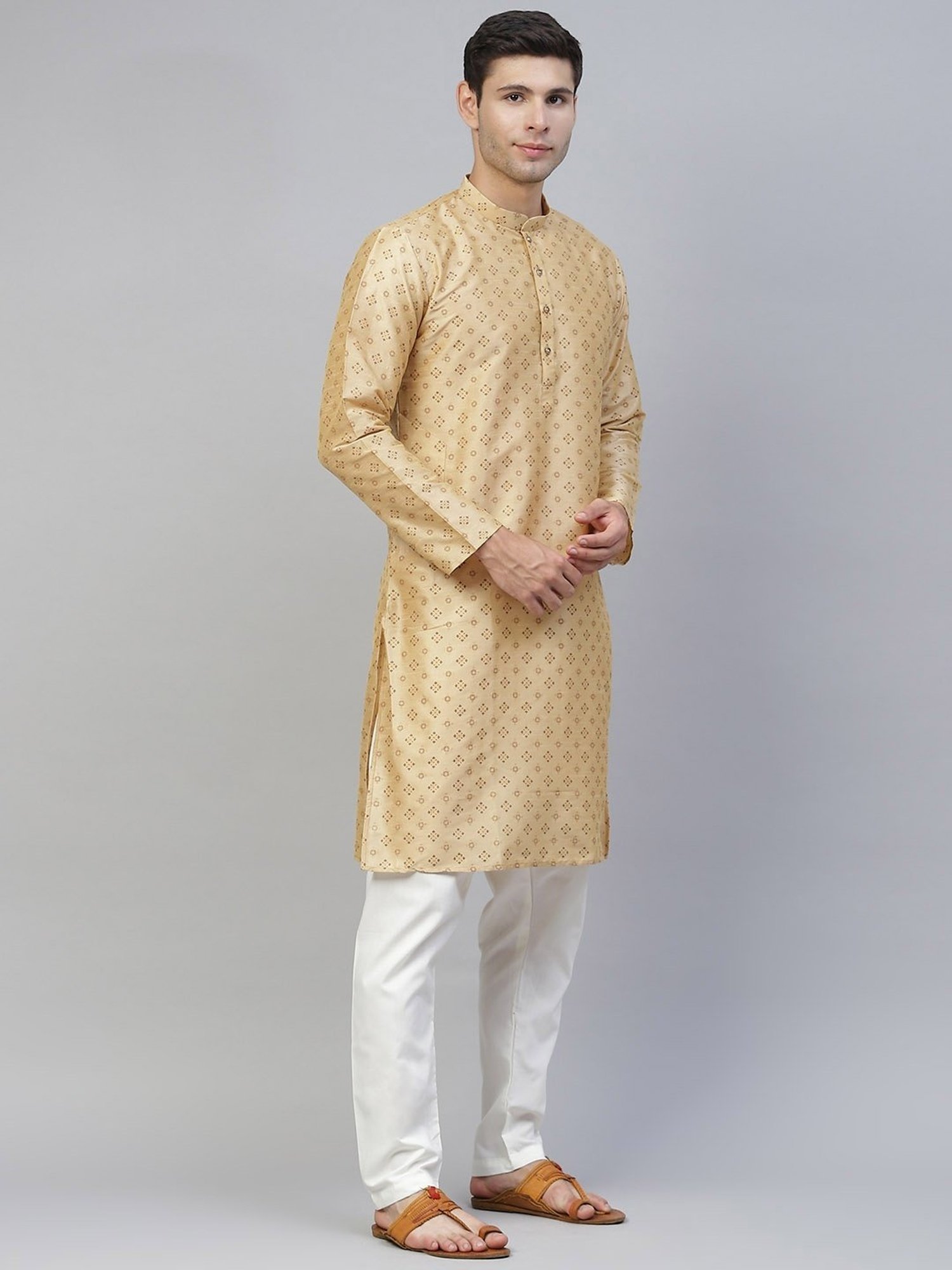 ManQ Beige & White Regular Fit Printed Kurta Bottom Set