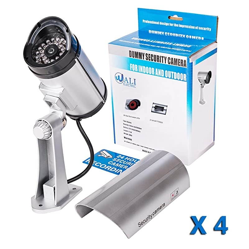 Bullet Dummy Fake Surveillance Security CCTV Dome Camera Indoor Outdoor with 30 Illuminating LED Light and Security Alert Sticker Decals S304 4 Packs Silver