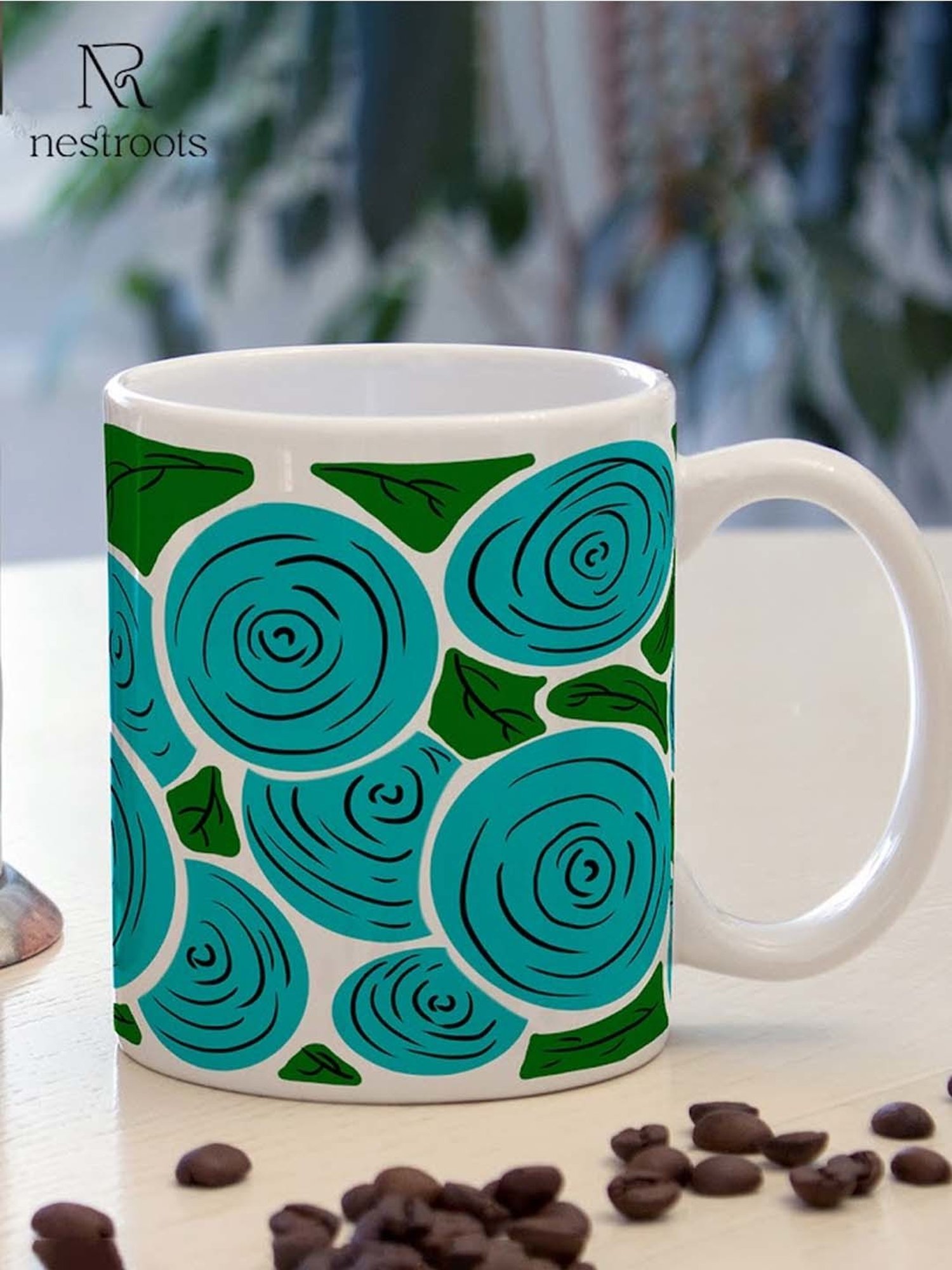 Nestroots White & Turquoise Stoneware Pinwheel Coffee Mug (0.325 L)