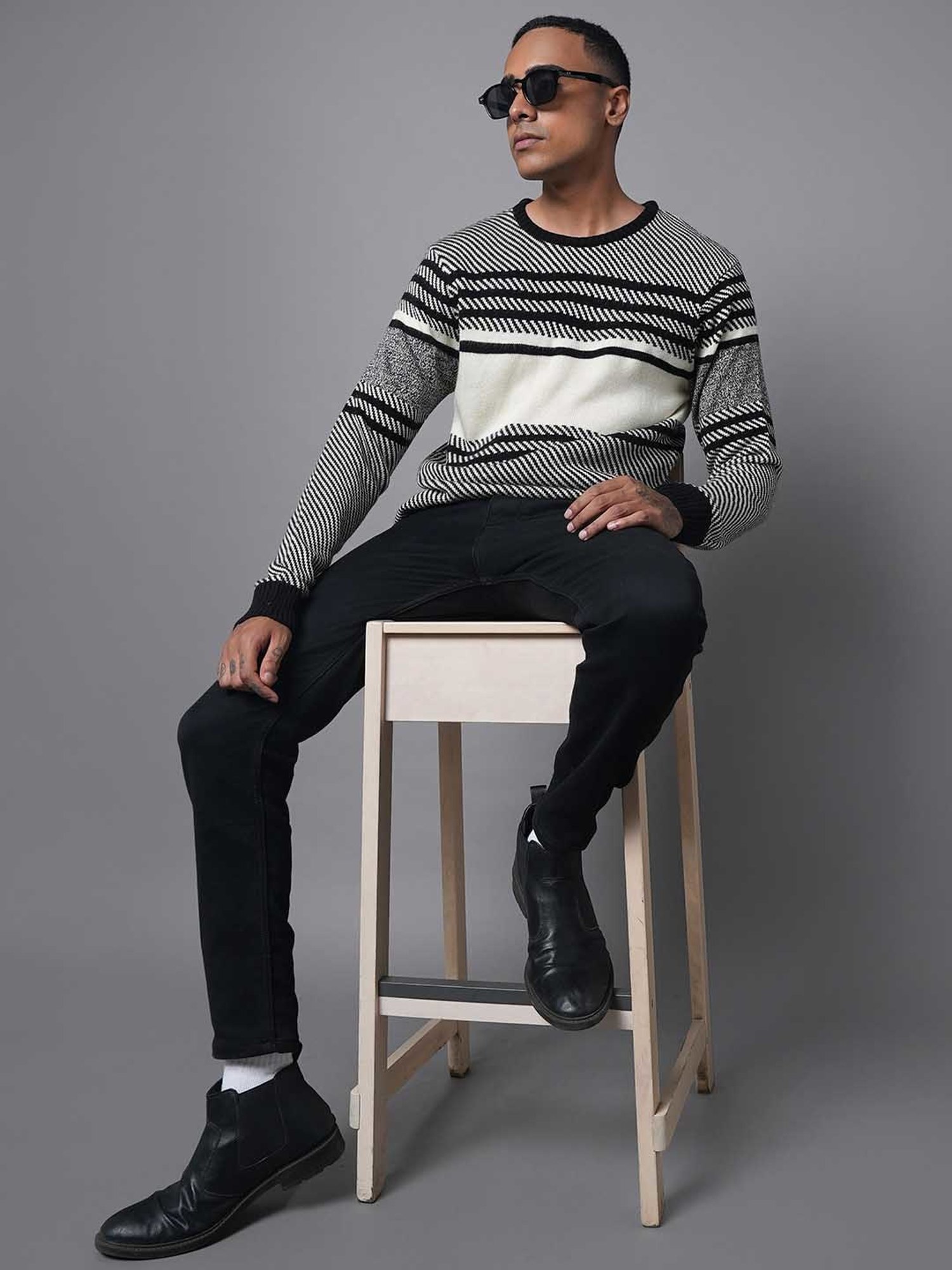 High Star Black & White Regular Fit Striped Sweater