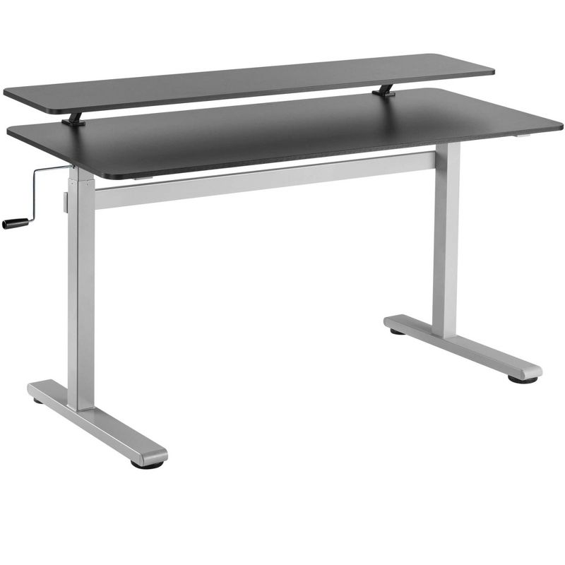 Tranzendesk Standing Desk with Clamp-On Shelf - 55" Sit to Stand Workstation with 55" Monitor Stand - Black with Silver Legs - Stand Steady