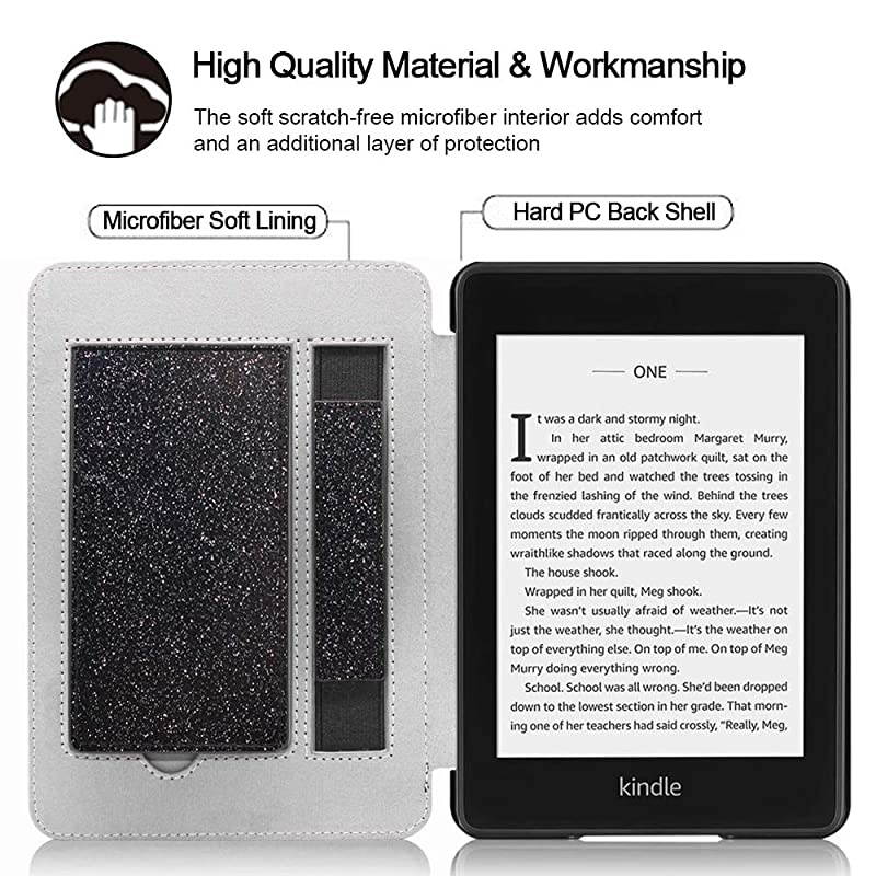 Flip Case for Kindle Paperwhite 2018 EReader 10th Generation Sparkle Cover with Hand Strap Lightweight Premium PU Leather Stand Smart Protective Sleeve with Card Slot Glitter Black