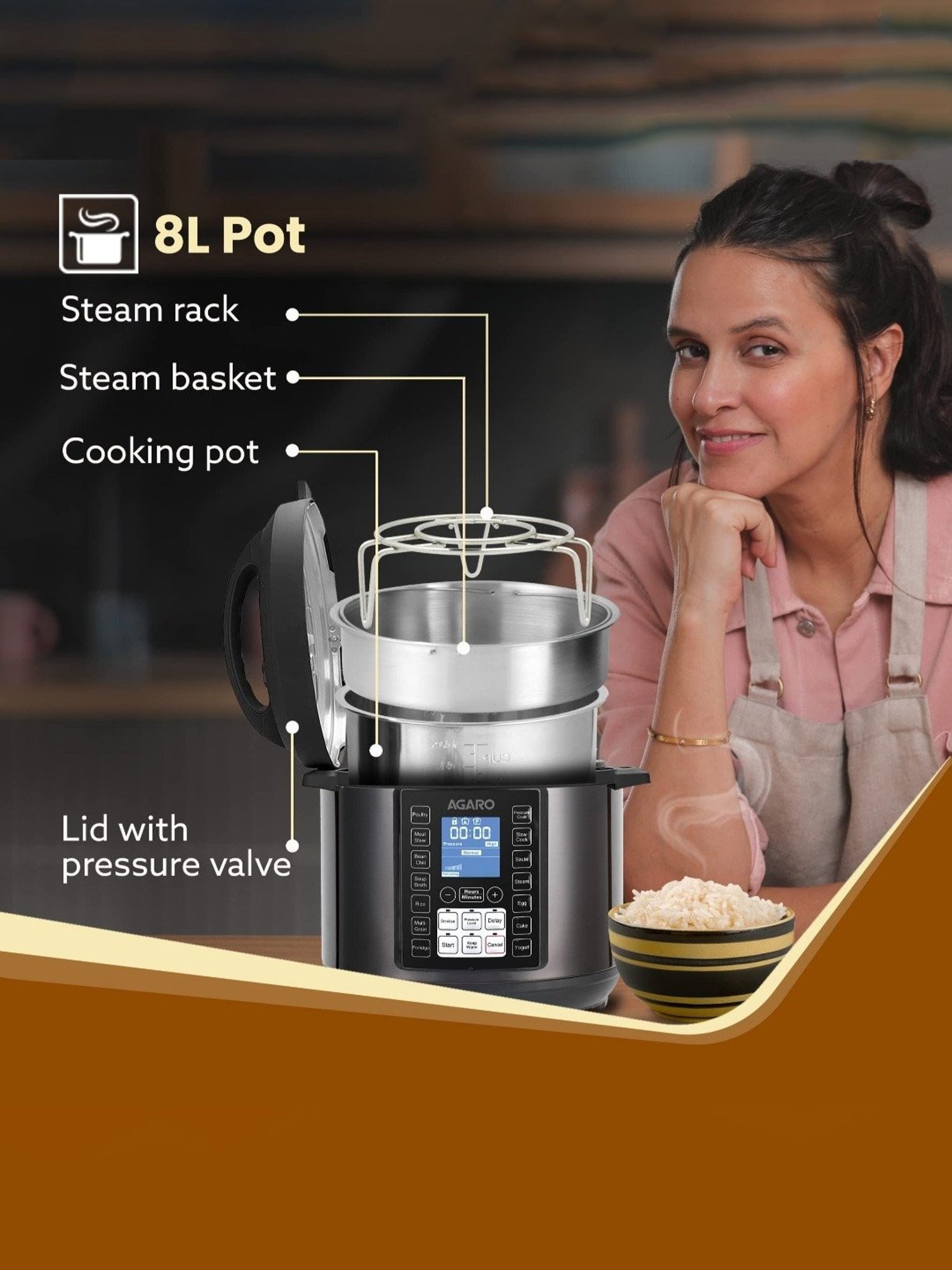 Agaro Imperial Electric Pressure Cooker 8 L with 14 Pre Set multi Cooking Functions(Black)