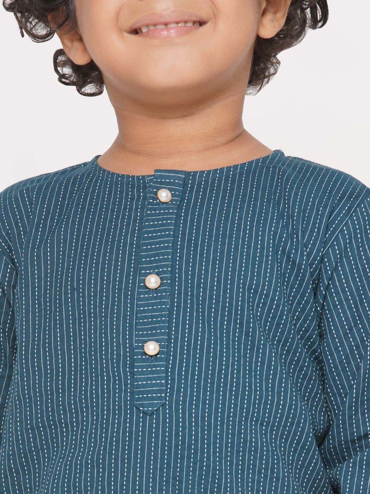 Little Bansi Kids Teal Blue & White Cotton Self Pattern Full Sleeves Kurta Set