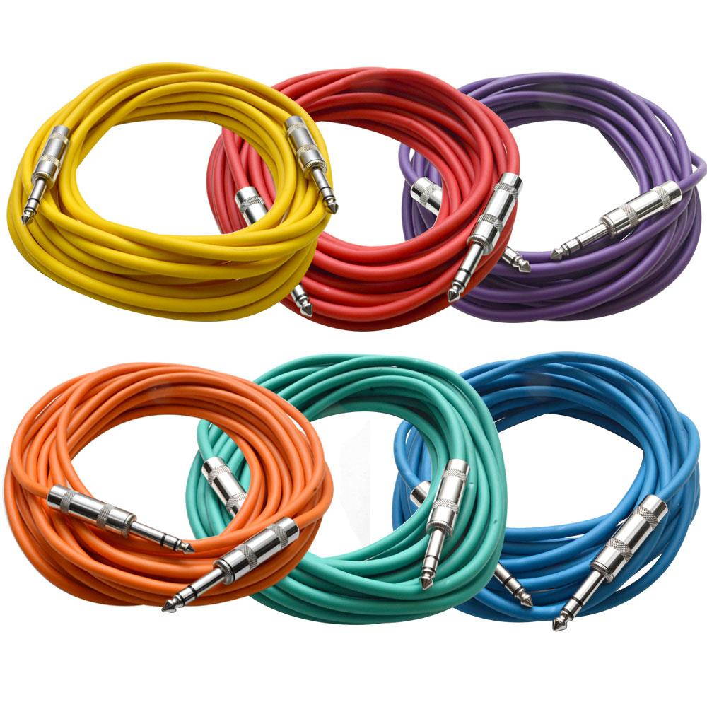 Seismic Audio - SATRX-25BGORYP - Pack of Six (6) 25 Foot Colored 1/4" TRS Patch Cable - Balanced Cord - Effects, EQ, Mixer