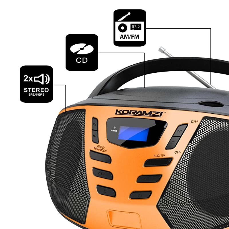 Portable CD Boombox with AMFM RadioAUX IN Top Loading CD PlayerTelescopic Antenna LCD Display for Indoor OutdoorOfficesHomeRestaurantsPicnicsSchoolCamping BlackOrange CD55BKO
