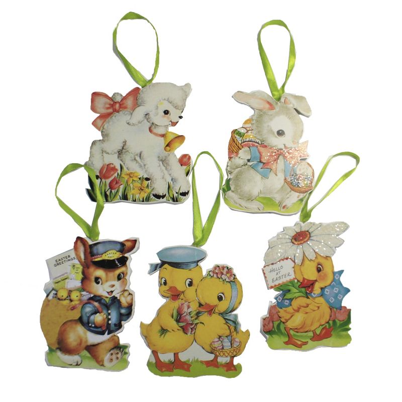 Easter 4.25" Easter Dummy Boards Set / 5 Ornament Vintage Bunny Chick  -  Tree Ornaments