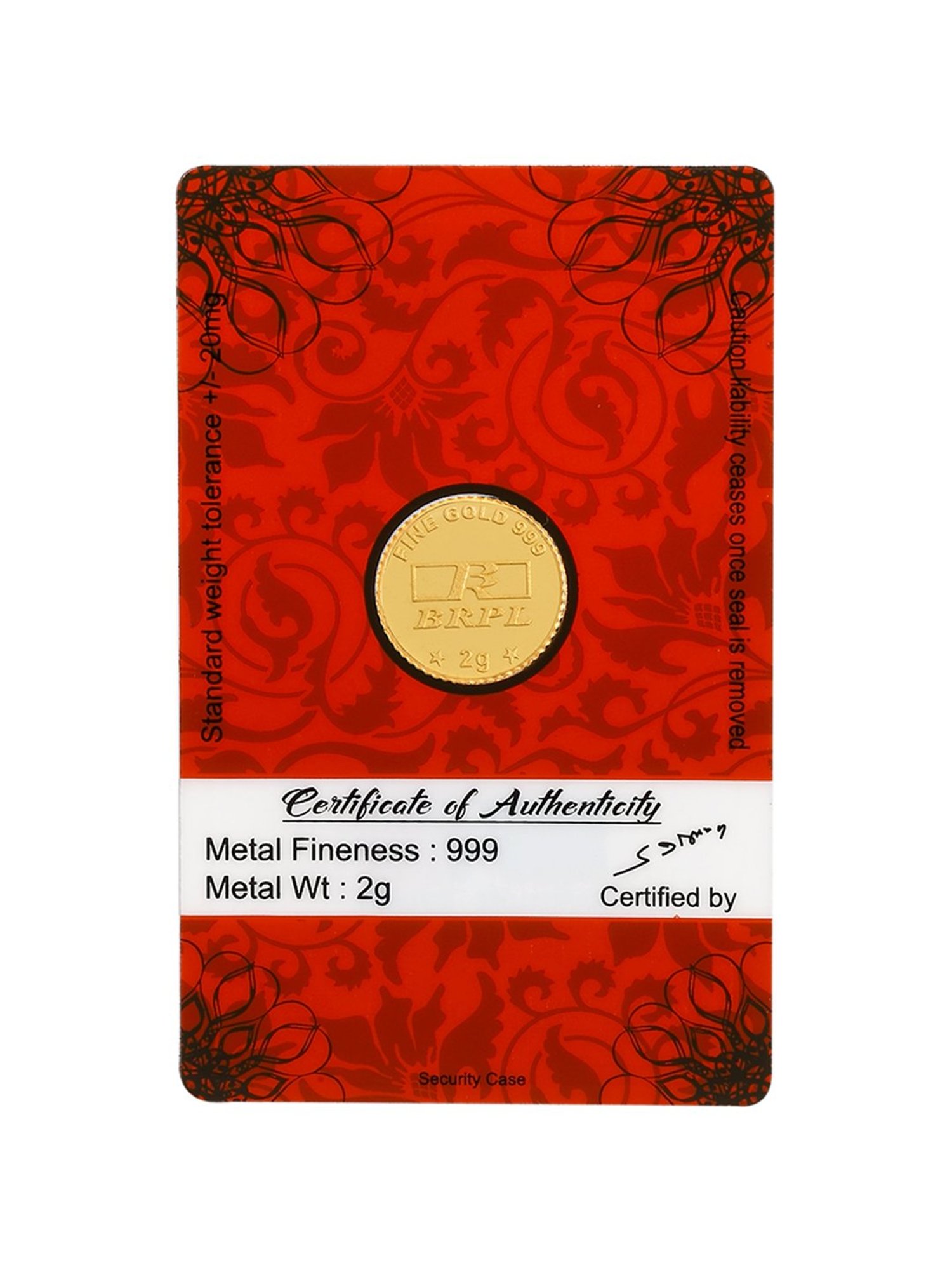 Bangalore Refinery Goddess Lakshmi 24k (999) 2gm Gold Coin