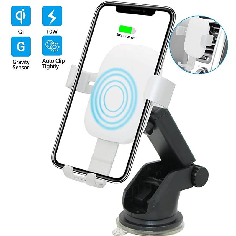 Car Charger Mount QI Fast Charging Auto Clamping Phone Holder Air Vent Compatible with Samsung Galaxy S10 S9 S8 S7 Edge Note 8 5 + iPhone X Xs Max 8 Plus