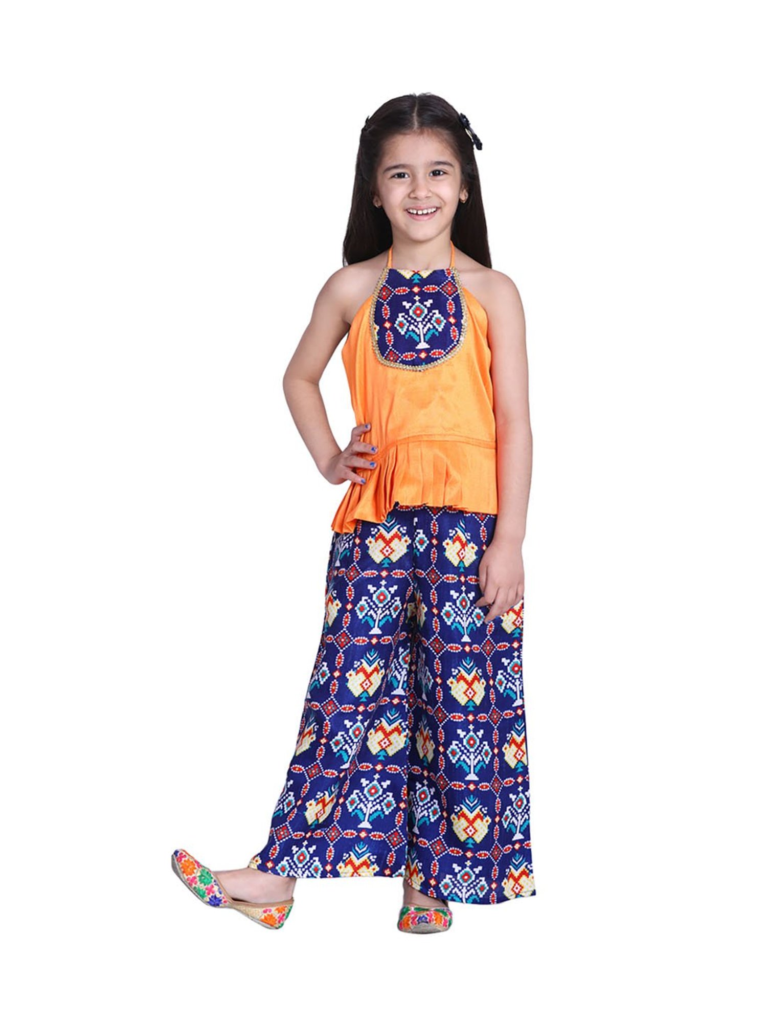 BownBee Kids Blue & Yellow Printed Patola with Palazzo