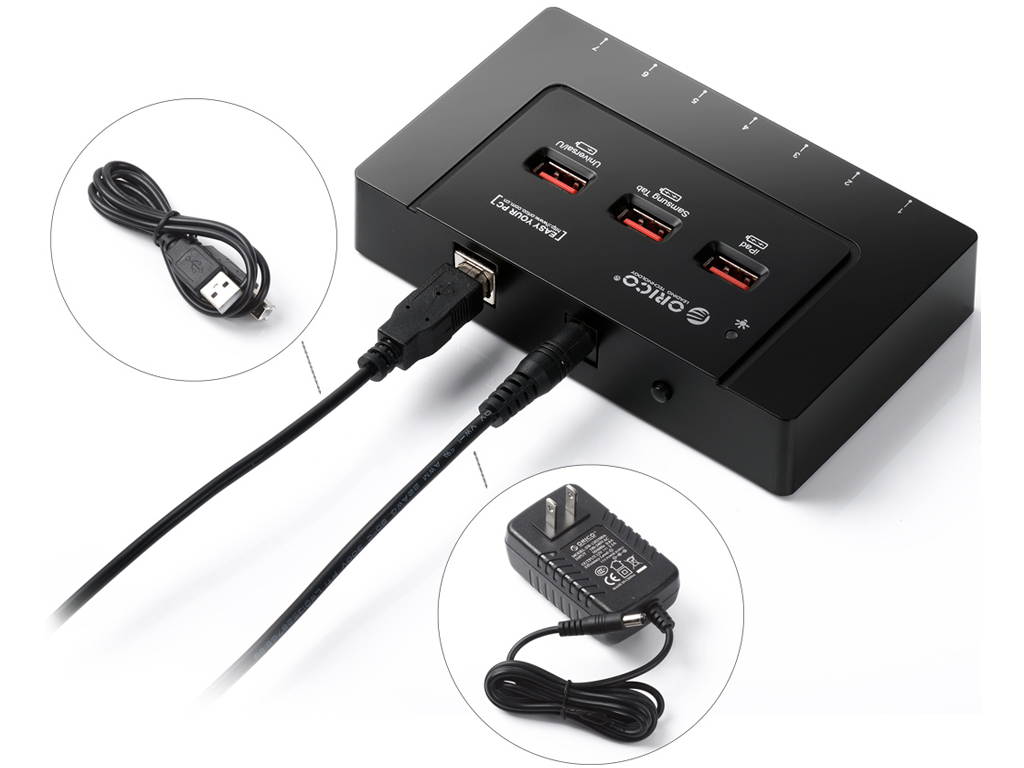 ORICO HF7U-3P 7-Port USB 2.0 Hub - 3 x Charger, 12V 2.5A Power Adapter and USB 2.0 Cord