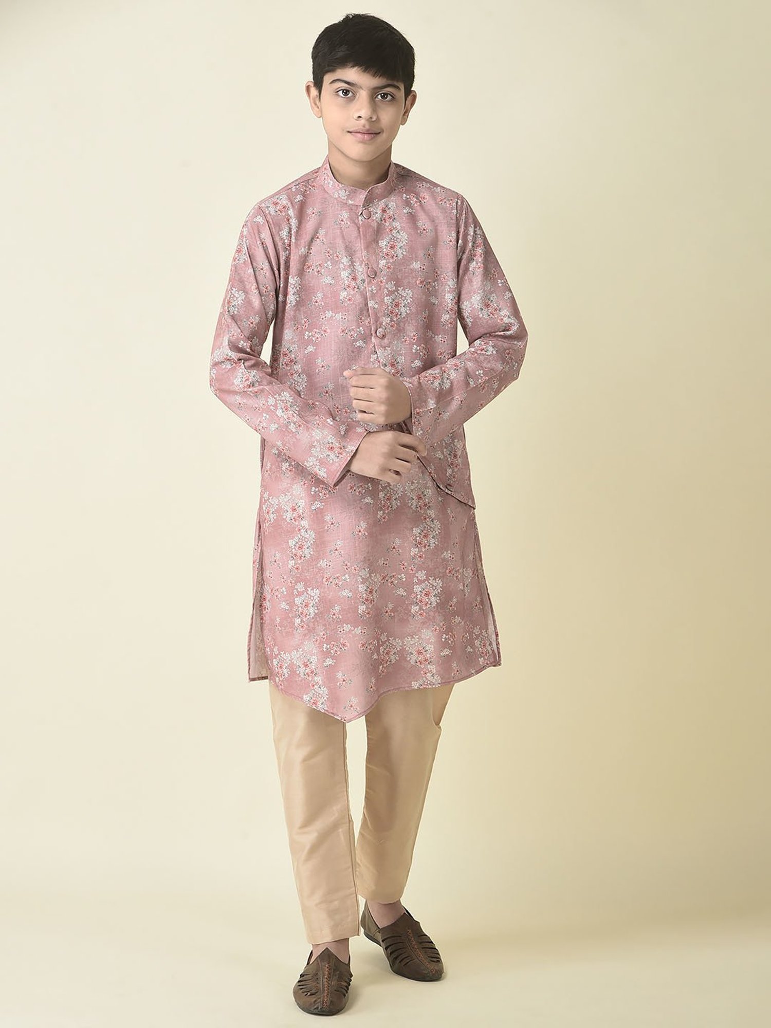 TABARD Kids Pink & Beige Floral Print Full Sleeves Kurta with Churidar