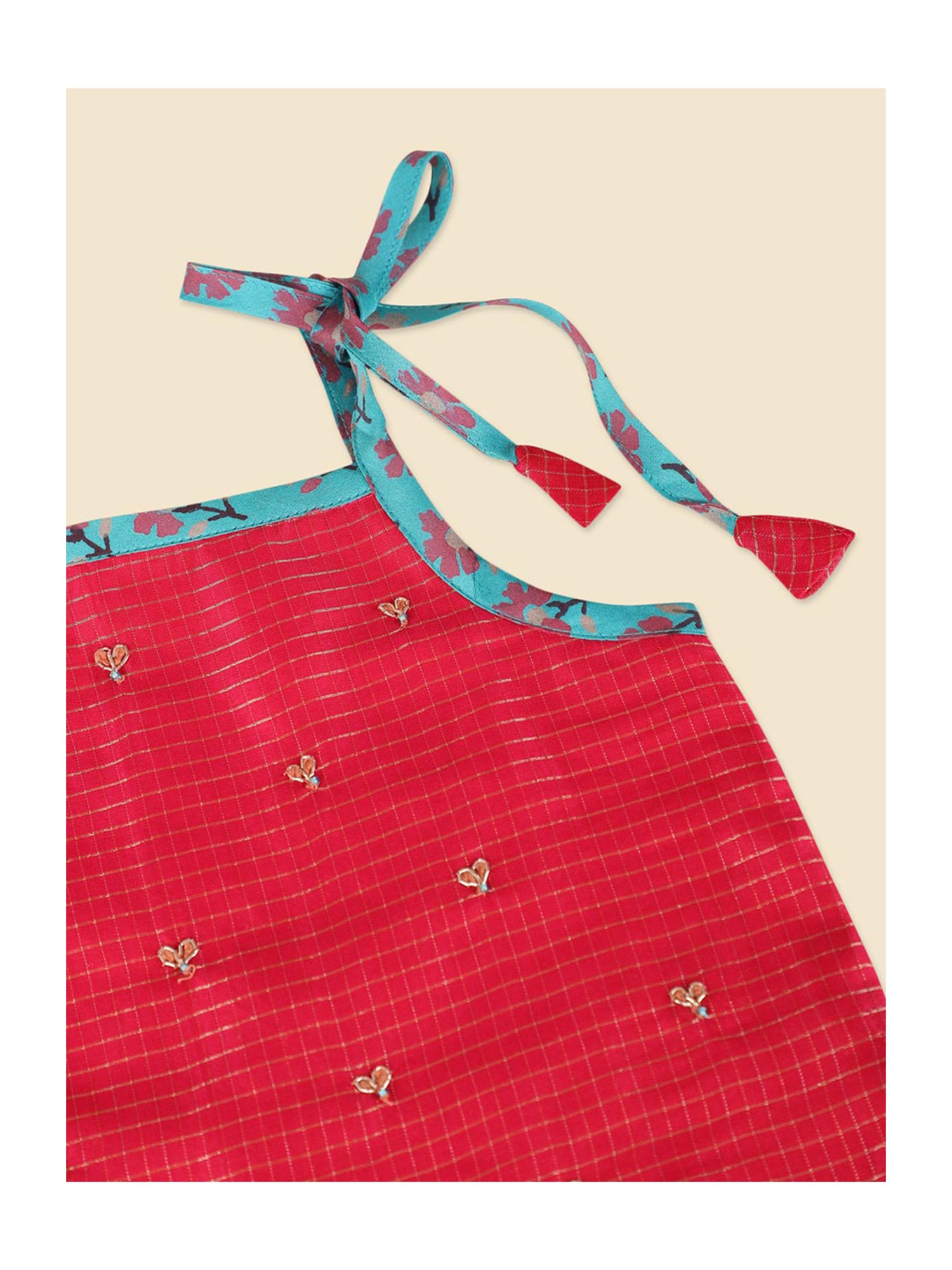 Fabindia Kids Red & Turquoise Floral Print Lehenga with Choli