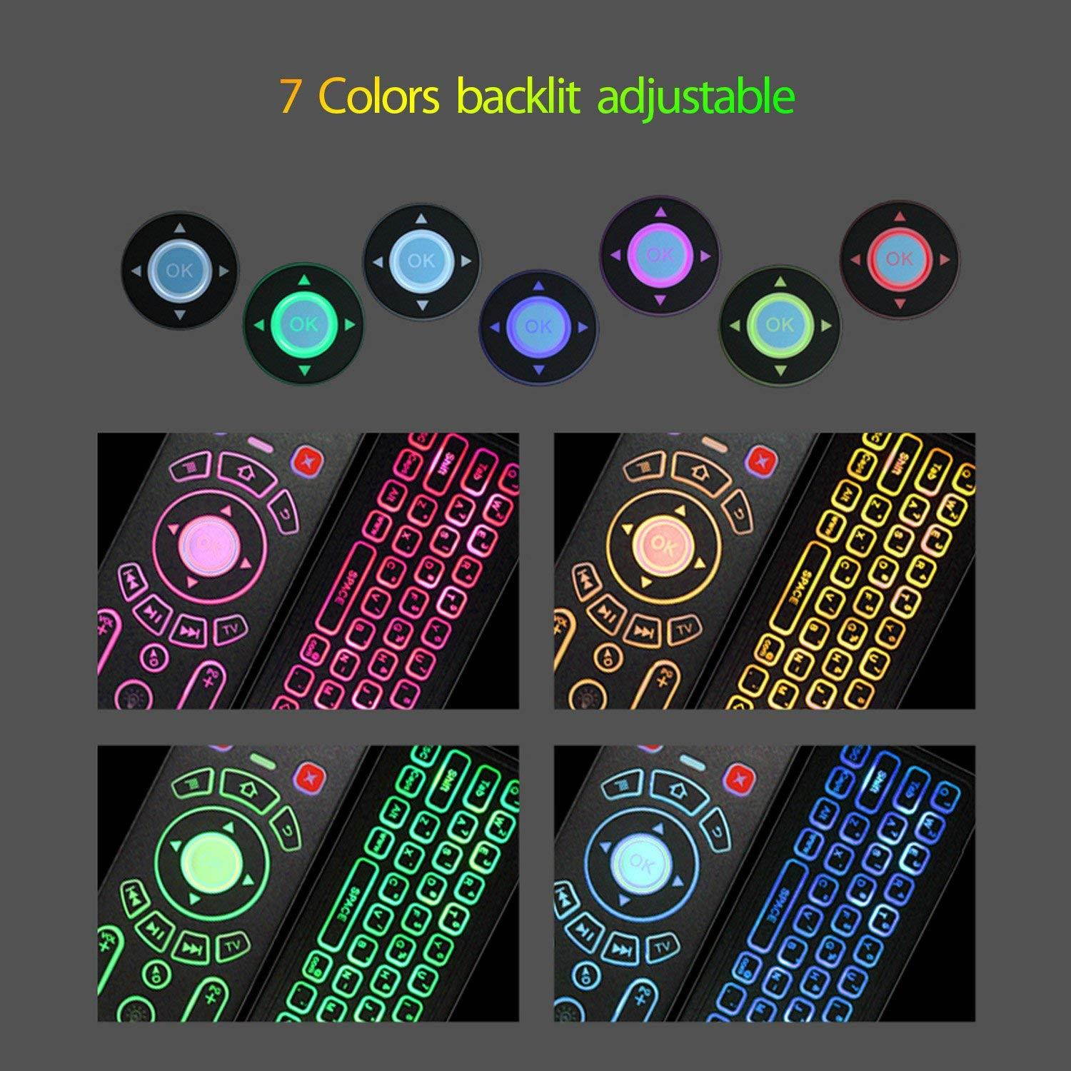 Mini Wireless Keyboard/Air Remote Control/Mouse / Touchpad with Colorful Backlit, 2.4GHz Connection, Best for Android TV Box, HTPC, IPTV, PC, Raspberry pi 3,Pad and More Devices.