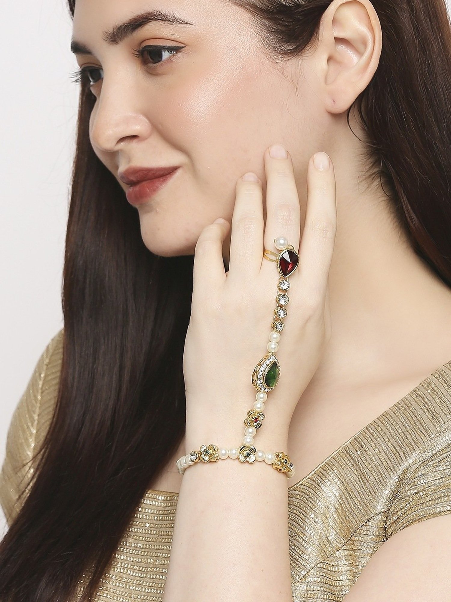 Oomph Red & Green Stones & Kundan Ethnic Statement Hand Harness