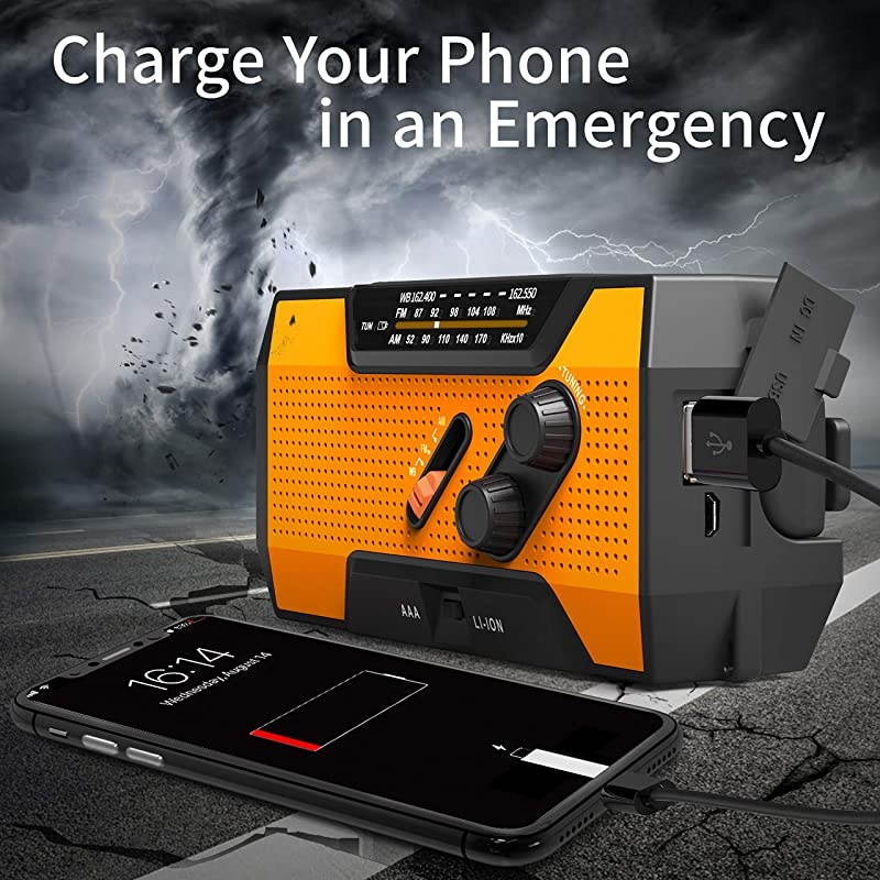 Solar Crank Radio AMFMNOAA Weather Radio with Flashlight2000 mAh Power BankSOS Alarm Reading LampPhone Charger for Tornadoes Hurricanesand Storms Orange