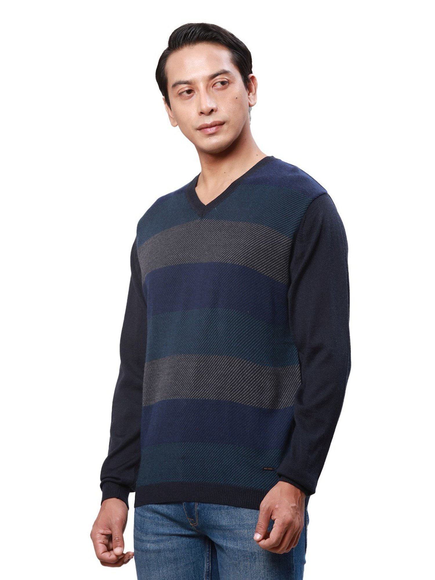 Park Avenue Mid Blue Regular Fit Striped Sweater