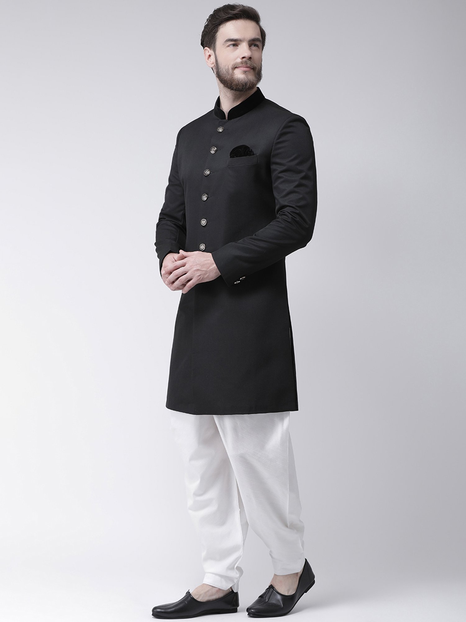 Hangup Plus Black & White Regular Fit Sherwani Set
