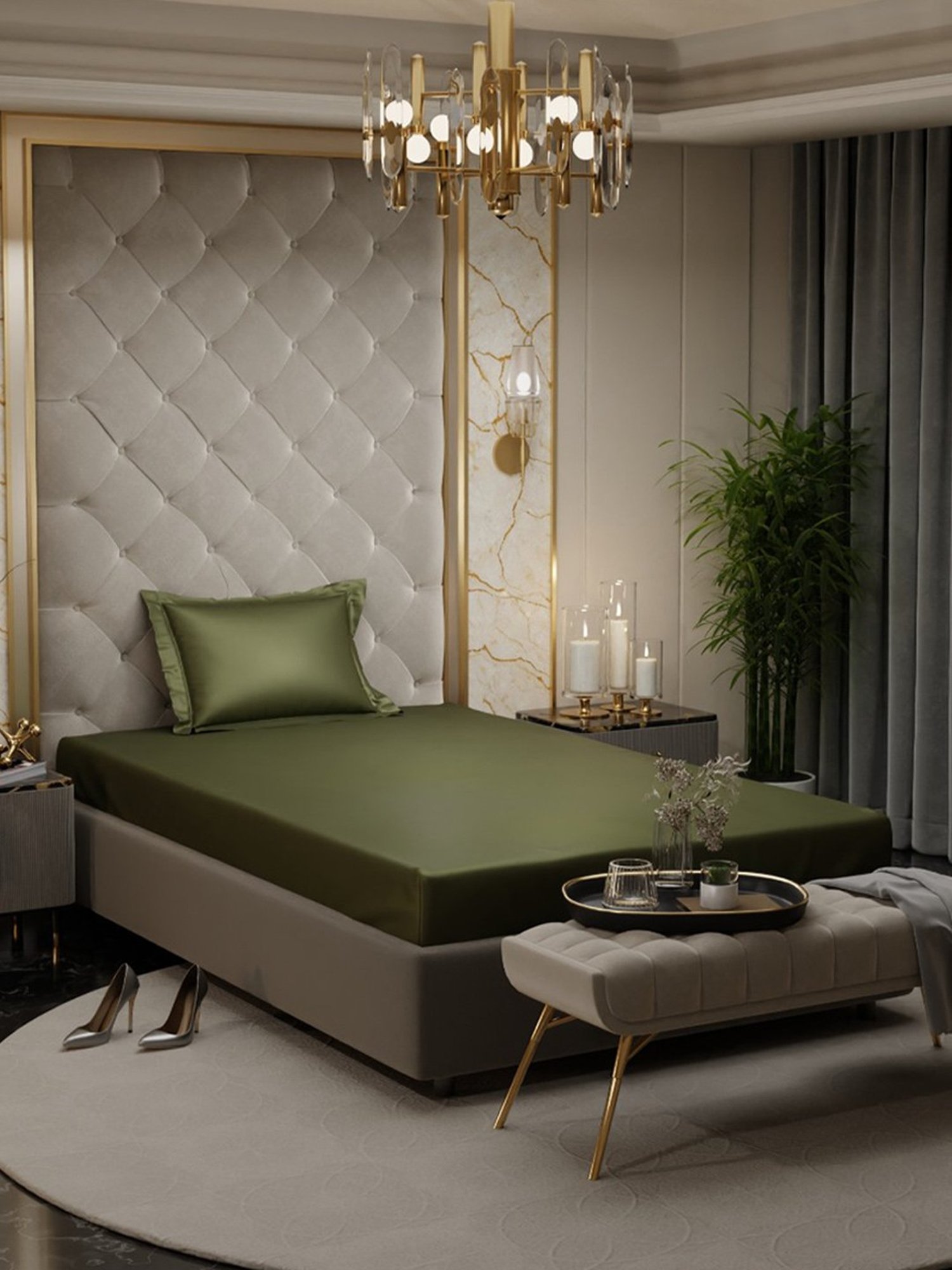 Stoa Paris Olive Green 300 TC Polyester Single Fitted Sheet with 1 Pillow Cover