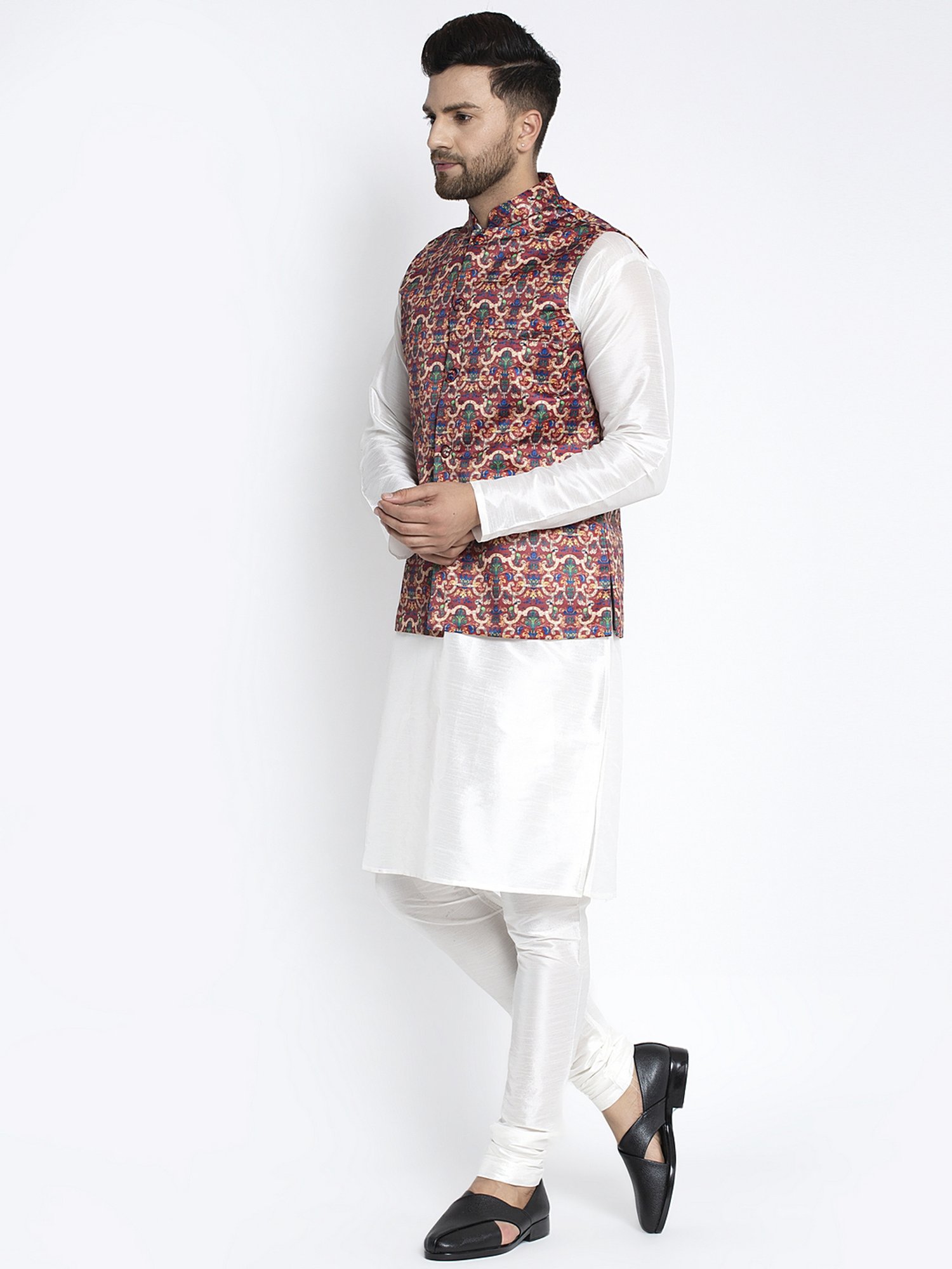 Benstoke White & Maroon Regular Fit Printed Kurta Set With Jacket