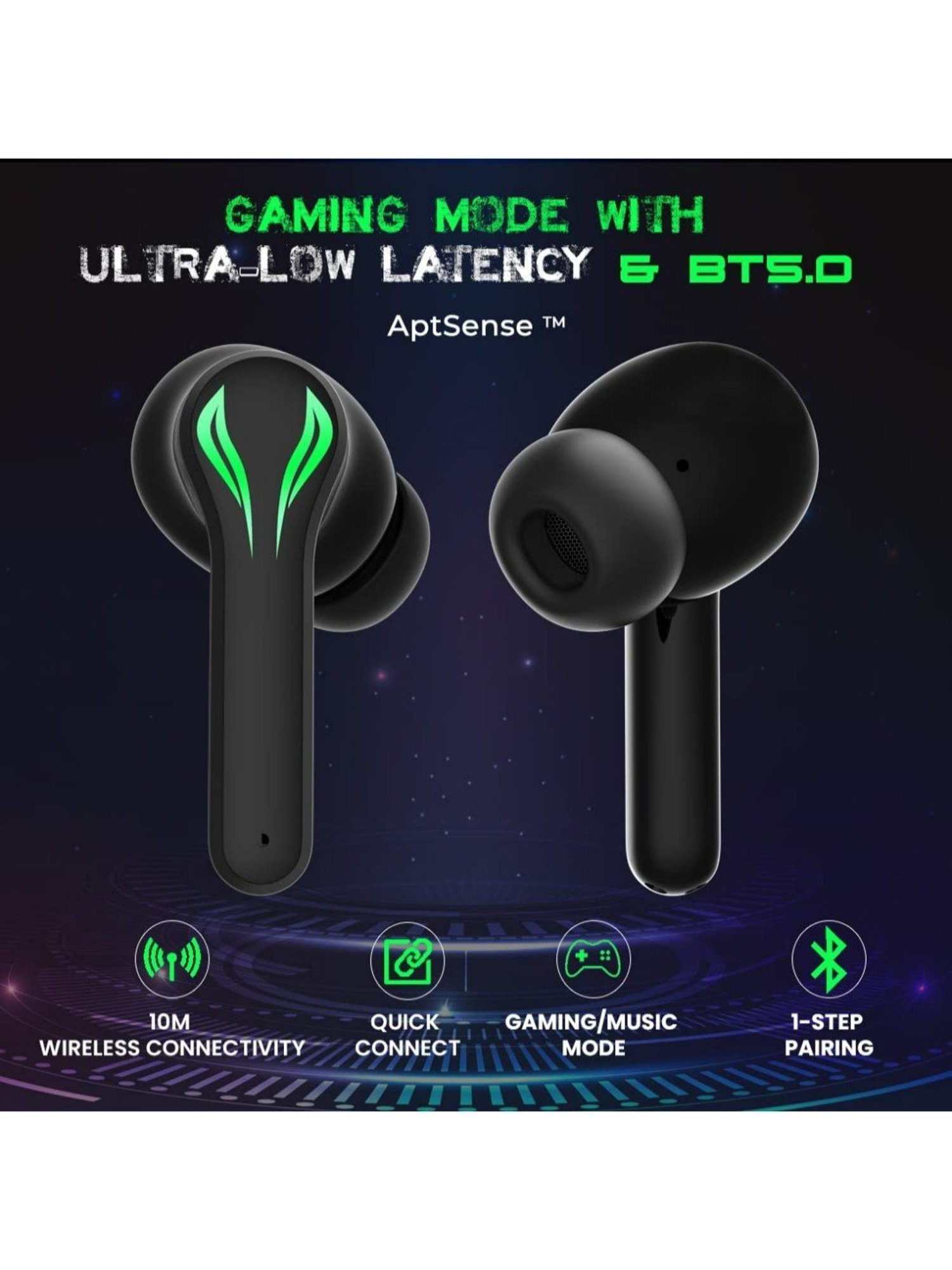 PTron Bassbuds Jade Gaming Bluetooth Truly Wireless in-Ear Earbuds with Mic, BT5.0 (Black)