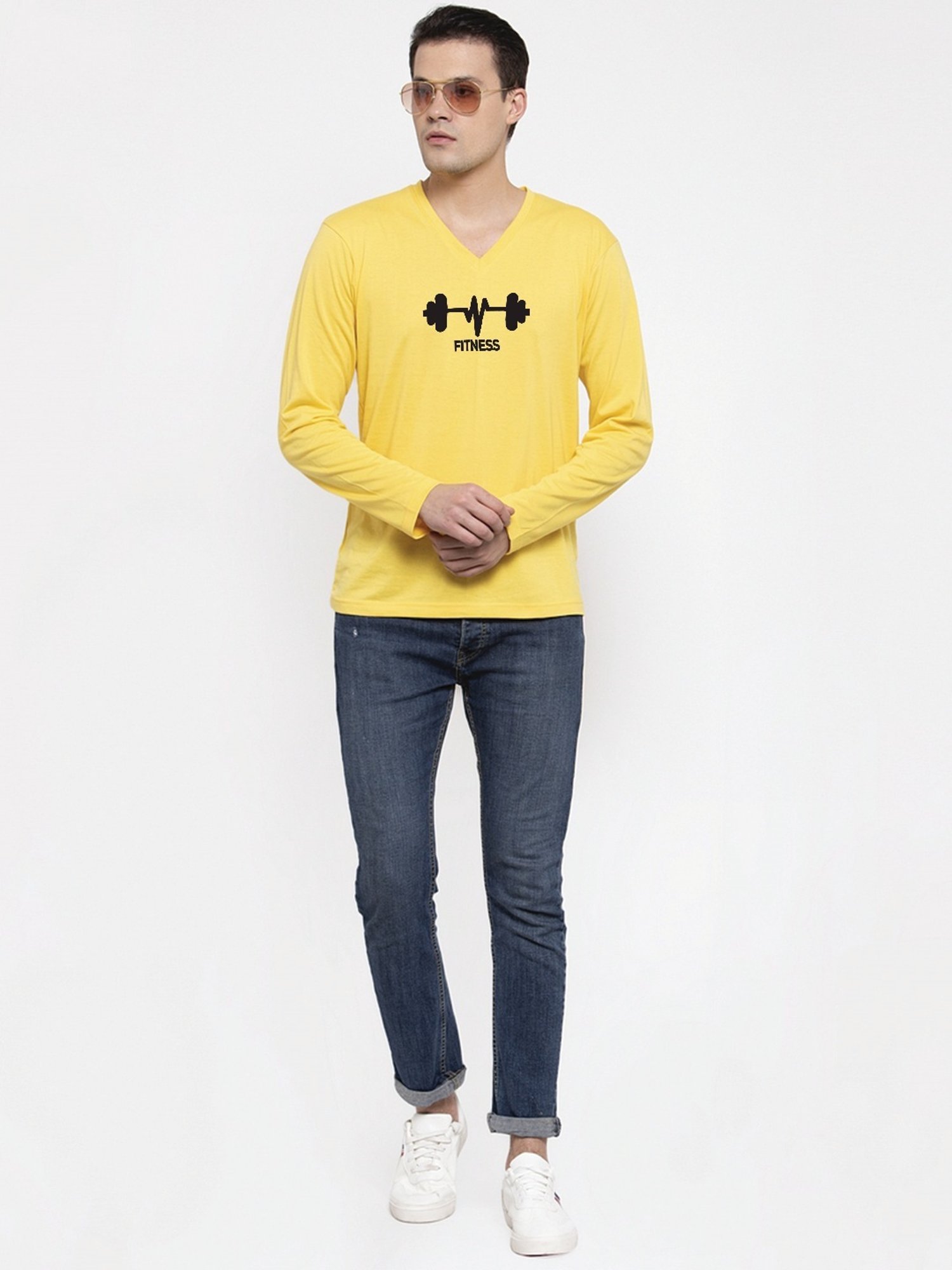 Friskers Yellow Cotton Slim Fit Printed T-Shirt
